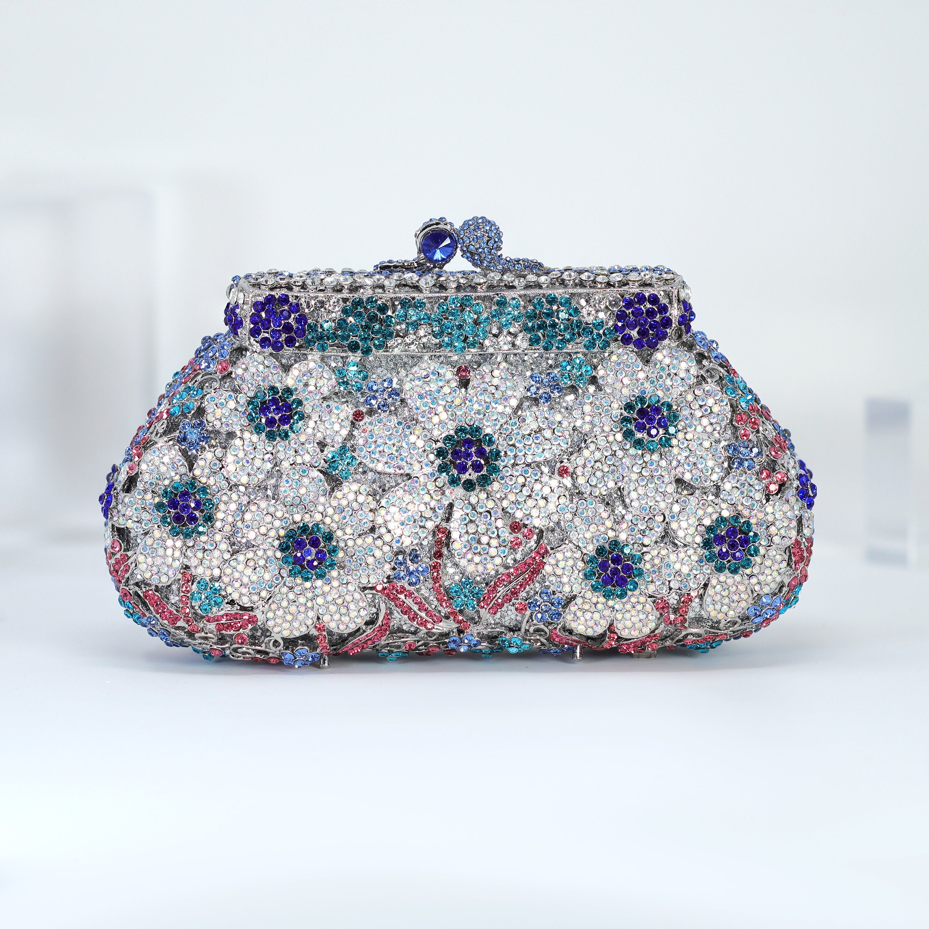 Silver Blue in Blues Floral Leaves Rhinestone Embellished Small Wedding Clutch, Statement Bag, Evening Wedding Clutch, Cross Body Bag