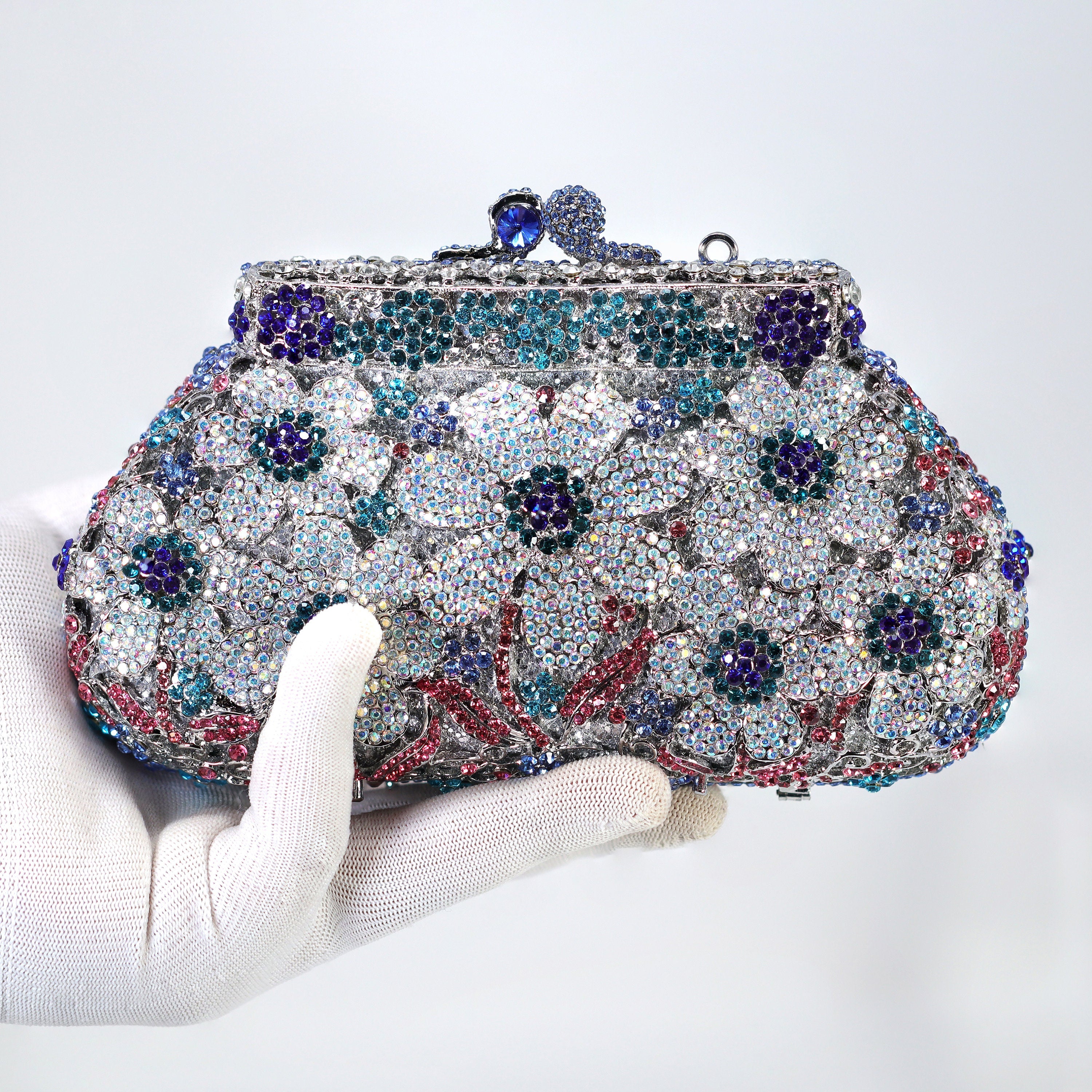 Silver Blue in Blues Floral Leaves Rhinestone Embellished Small Wedding Clutch, Statement Bag, Evening Wedding Clutch, Cross Body Bag