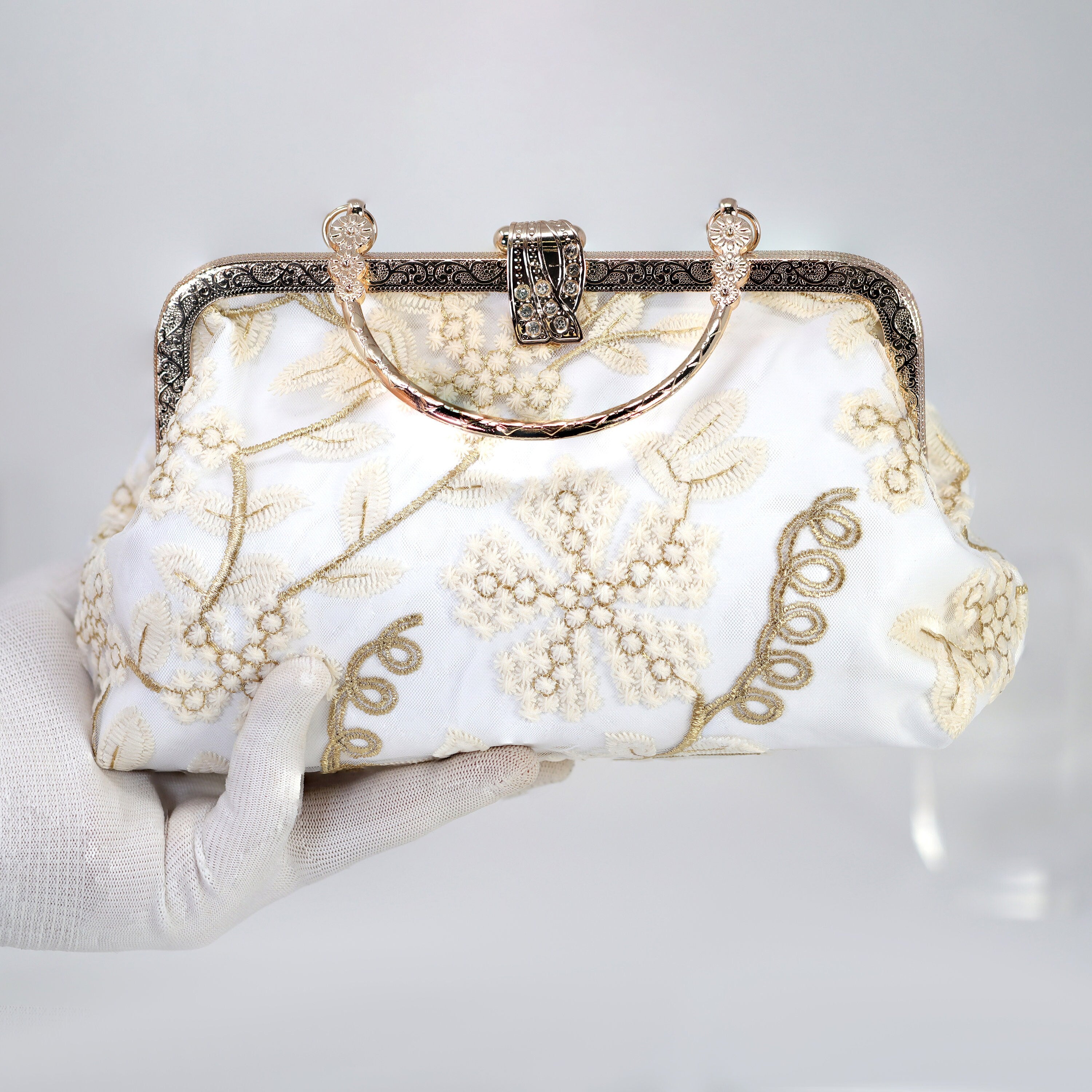 Gold White Lace Beige Embroidered Floral Wedding Clutch, Statement Bag, Evening Clutch, Wedding Clutch, Bridal Clutch, Cross Body Bag