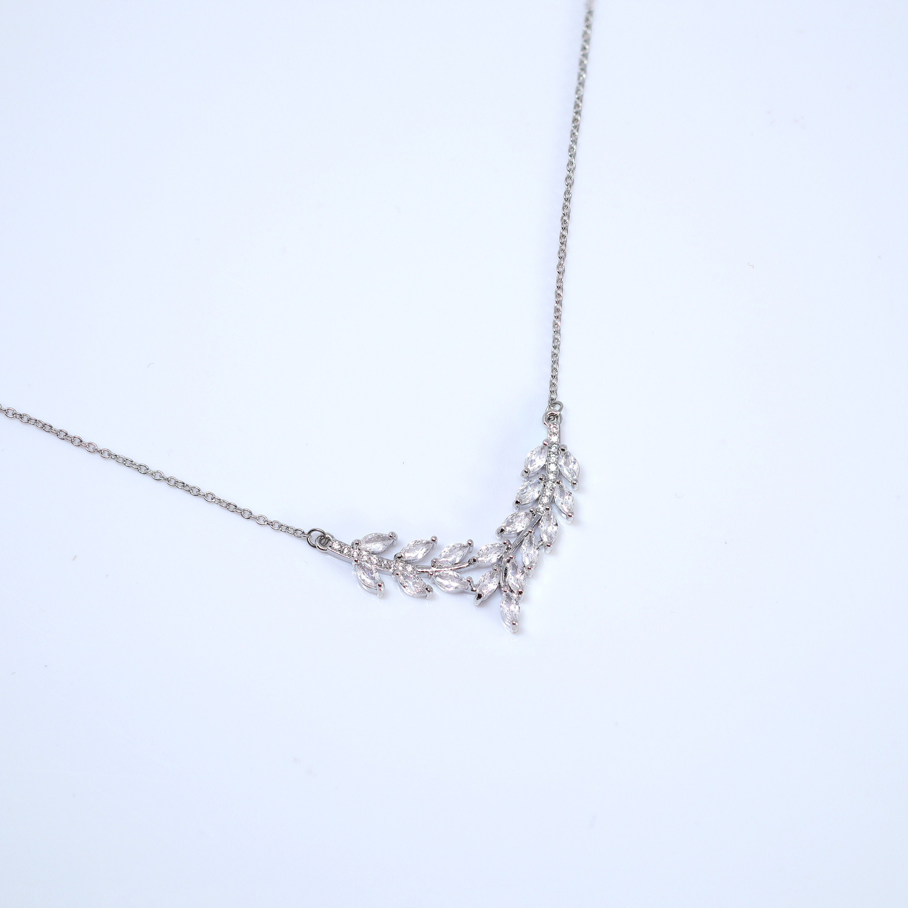 Dainty Forest Leaves Wisper Drop V Necklace Set, Long Bridal Jewelry, Bridal Earrings And Necklace, Statement Earrings Cz Necklace Set.
