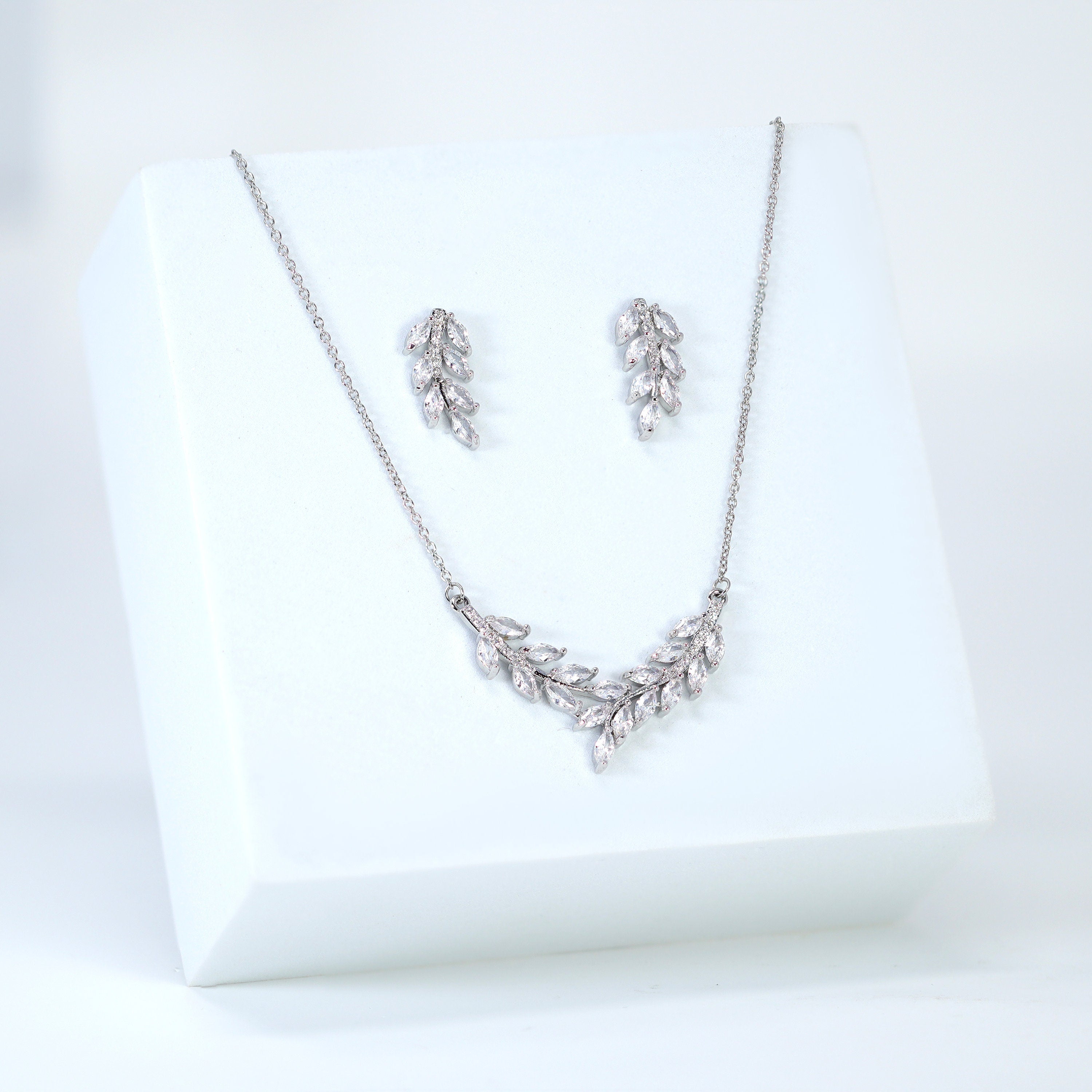 Dainty Forest Leaves Wisper Drop V Necklace Set, Long Bridal Jewelry, Bridal Earrings And Necklace, Statement Earrings Cz Necklace Set.
