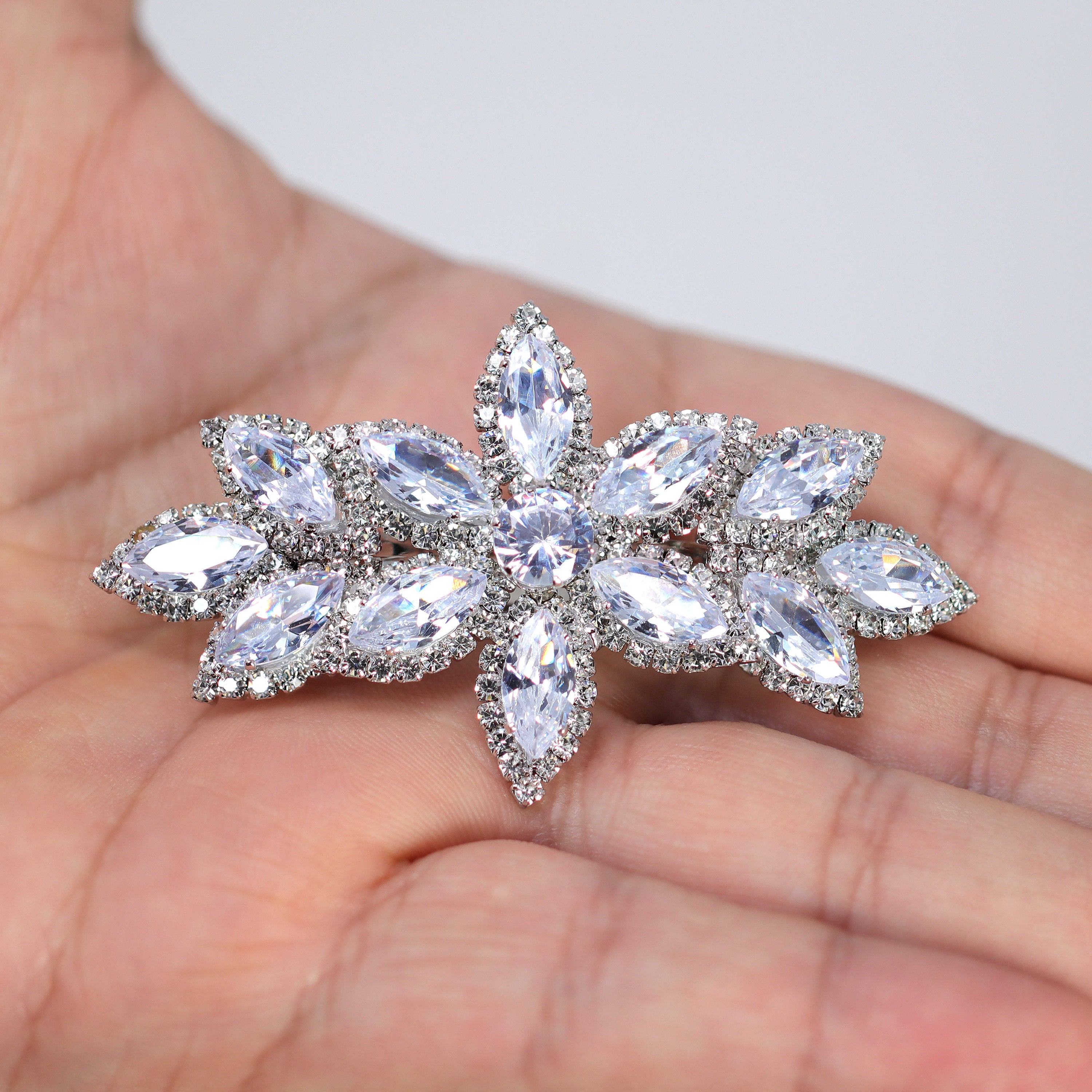 Silver Floral CZ And Rhinestone French Hair Clip, Bridal Hair Accessories, Bridesmaid Gift, Wedding Hair Accessory, Bridal Peach Hair Clip
