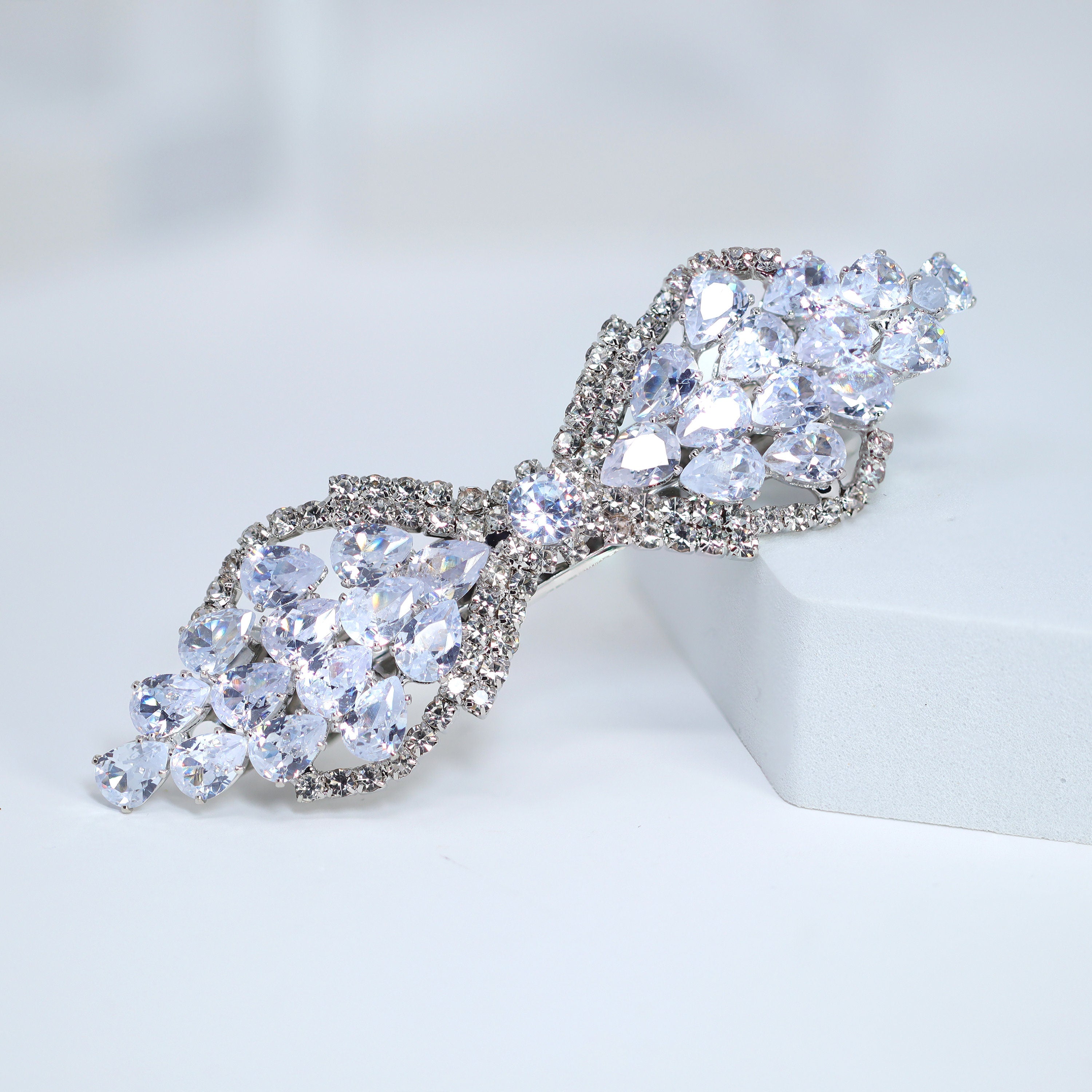 Bow Drops CZ And Rhinestone French Hair Clip, Bridal Hair Accessories, Bridesmaid Gift, Wedding Hair Accessory, Bridal Hair Clip