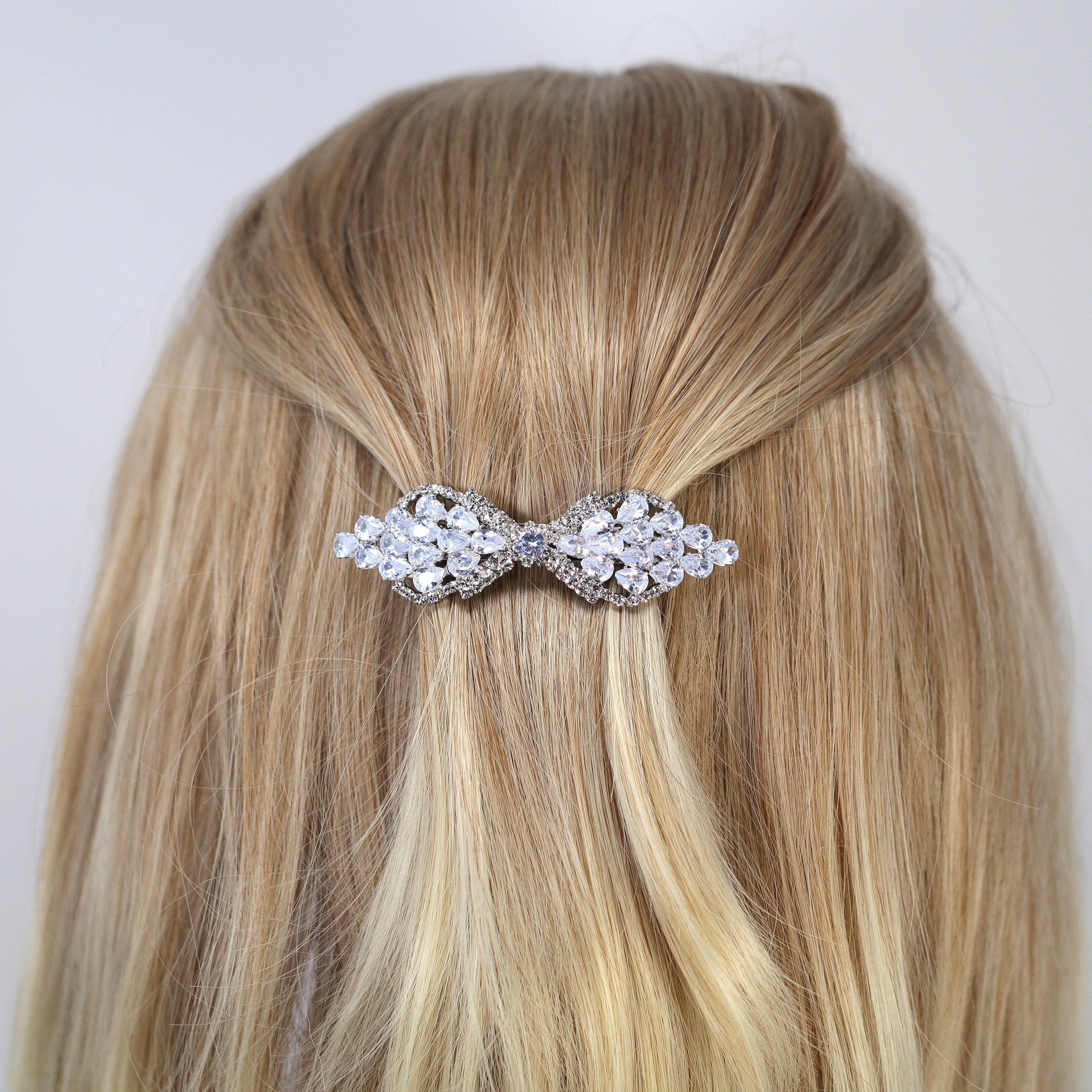 Bow Drops CZ And Rhinestone French Hair Clip, Bridal Hair Accessories, Bridesmaid Gift, Wedding Hair Accessory, Bridal Hair Clip