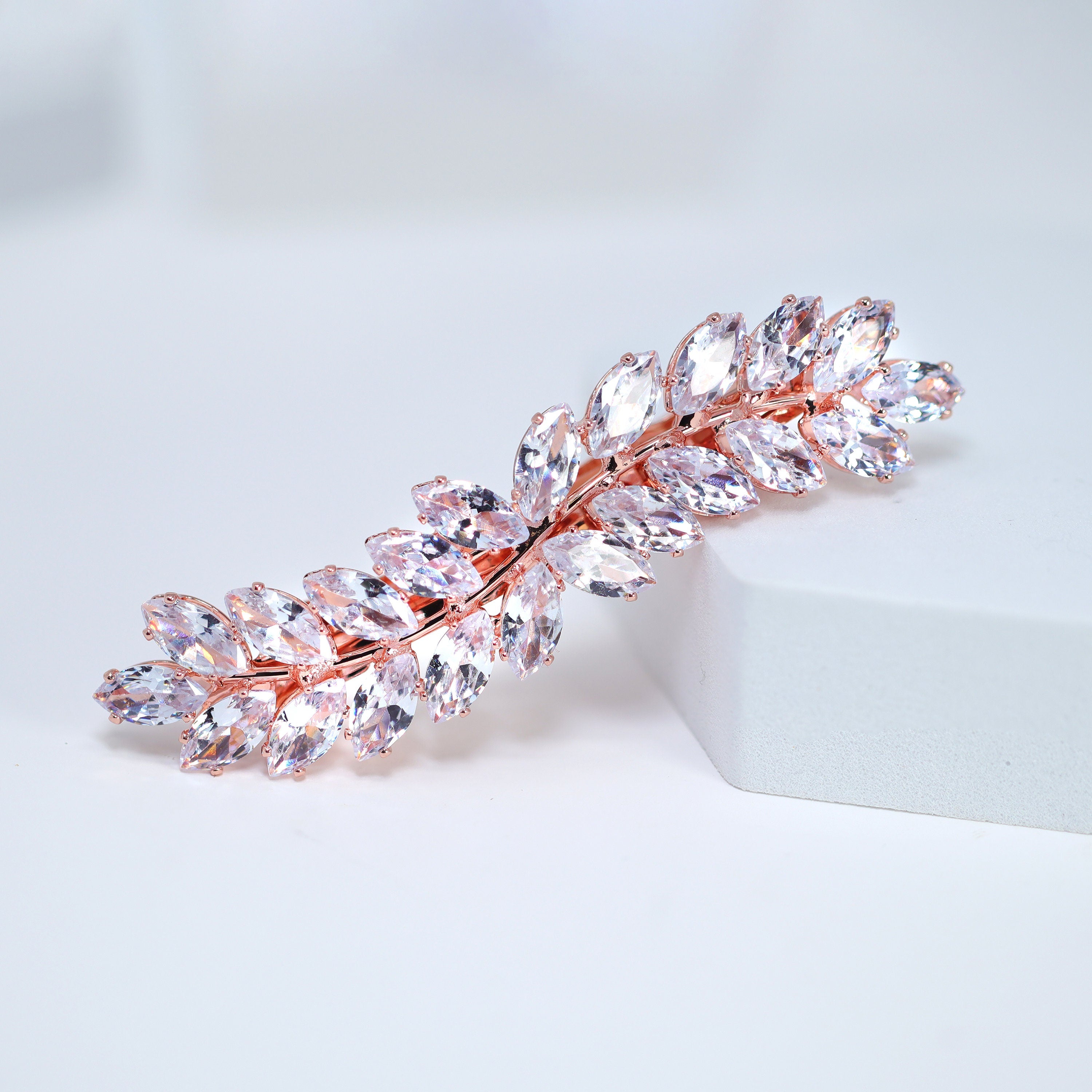 Silver Floral Leaves Vine CZ French Hair Clip, Bridal Hair Accessories, Bridesmaid Gift, Wedding Hair Accessory, Bridal Peach Hair Clip