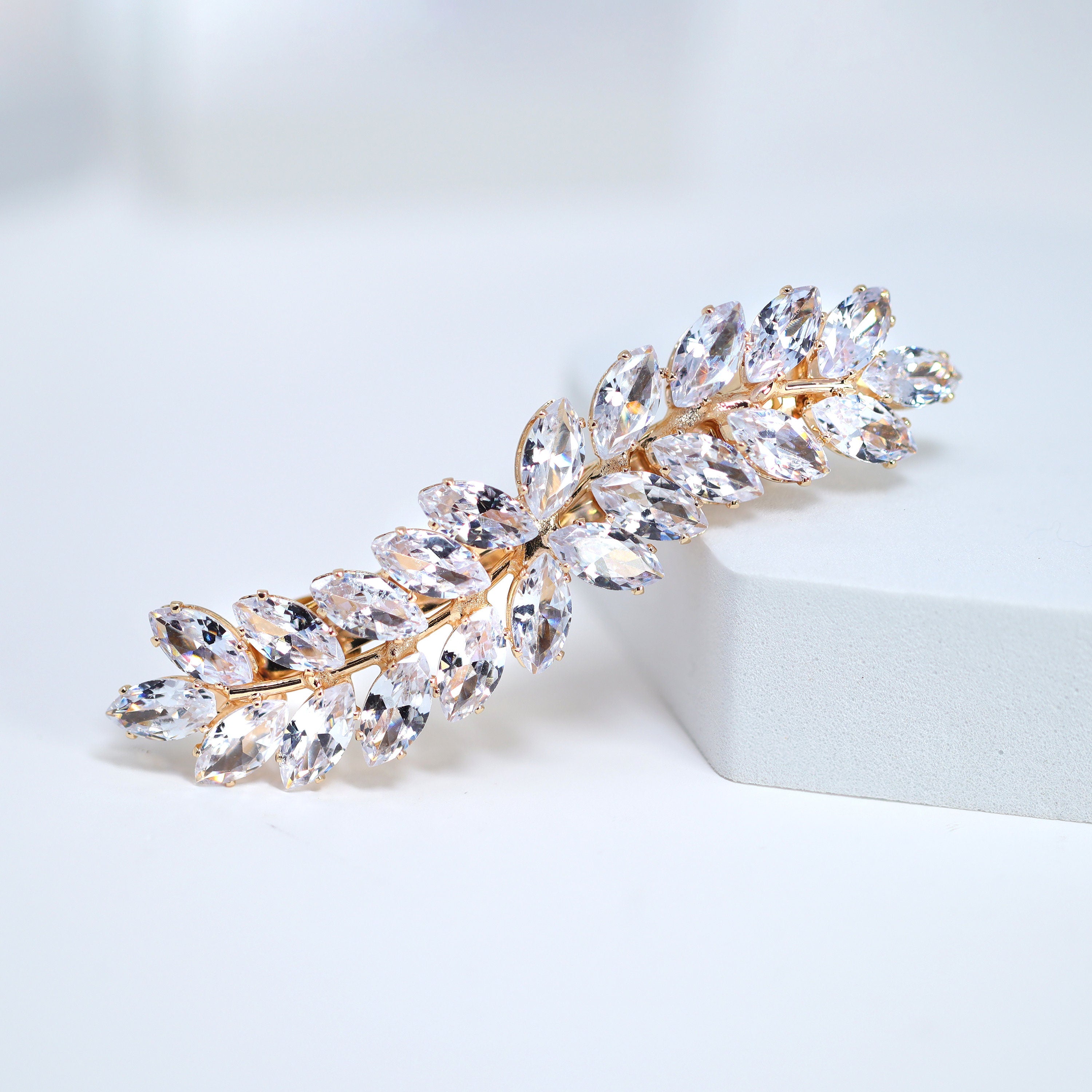 Silver Floral Leaves Vine CZ French Hair Clip, Bridal Hair Accessories, Bridesmaid Gift, Wedding Hair Accessory, Bridal Peach Hair Clip