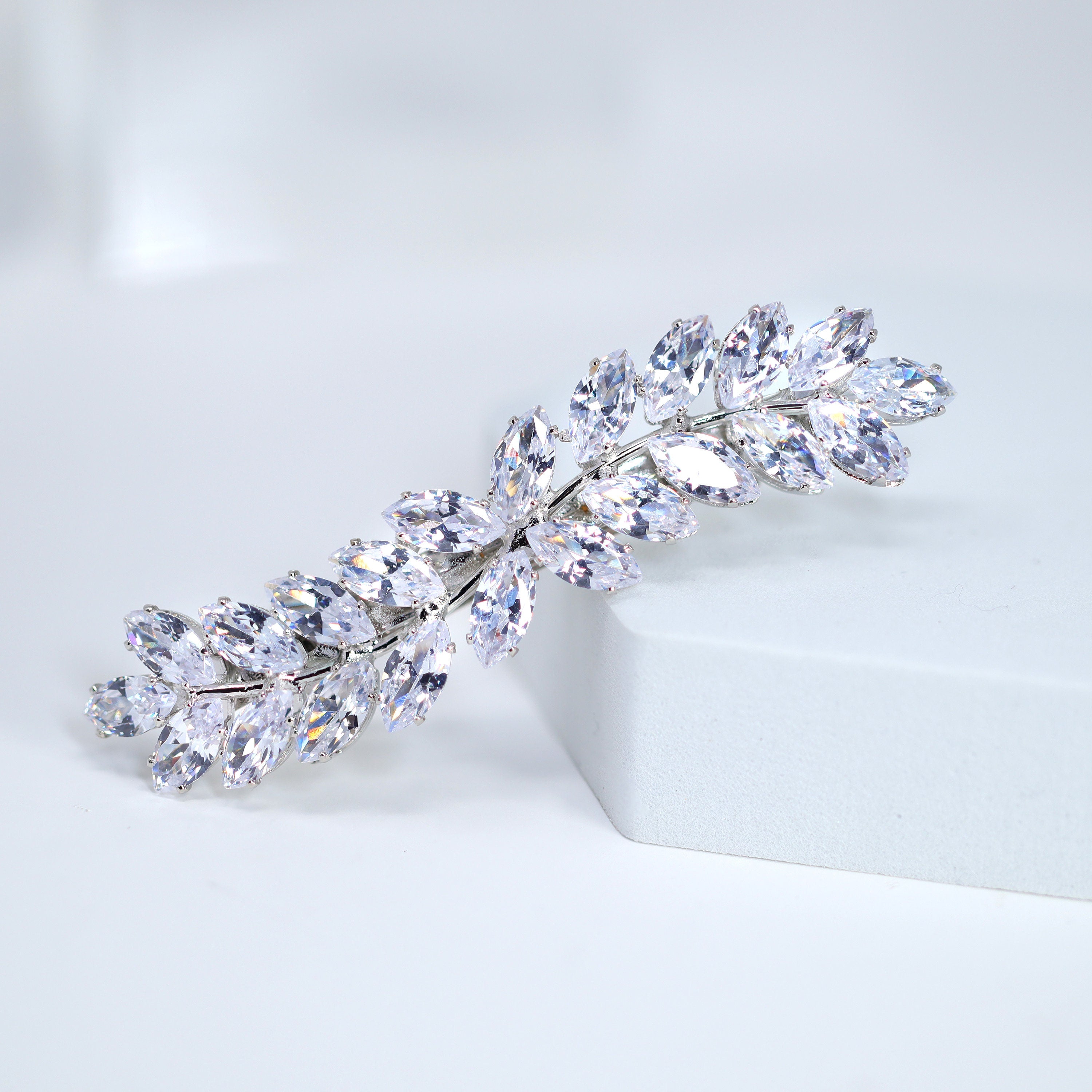 Silver Floral Leaves Vine CZ French Hair Clip, Bridal Hair Accessories, Bridesmaid Gift, Wedding Hair Accessory, Bridal Peach Hair Clip