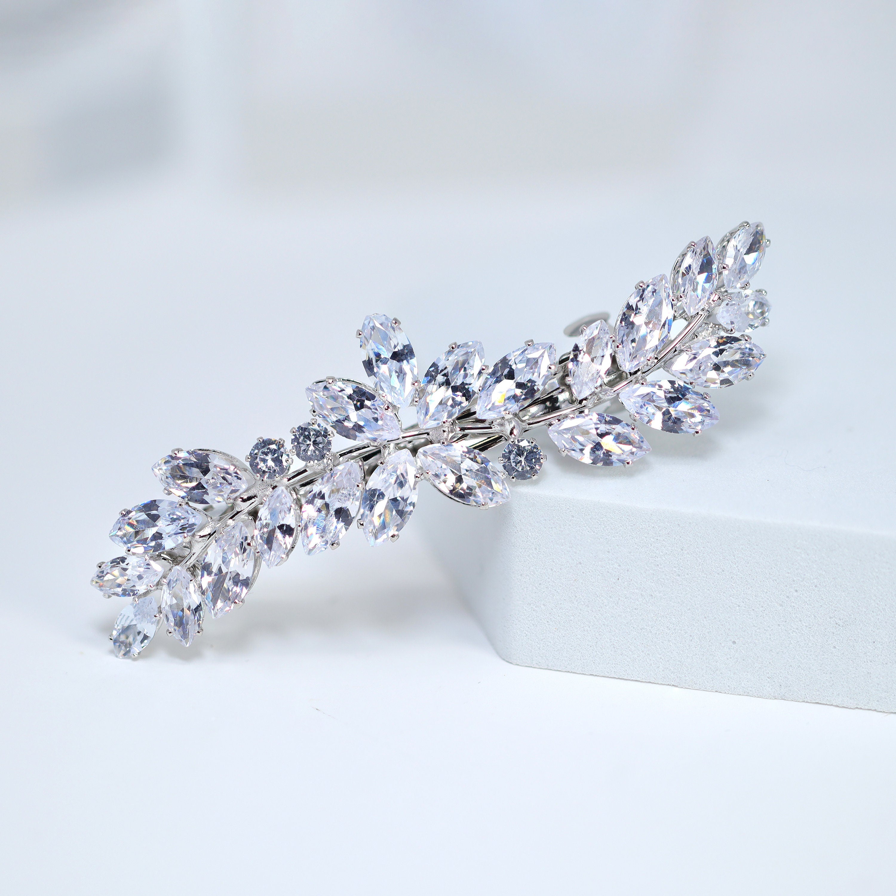 Silver Floral Leaves Wave CZ French Hair Clip, Bridal Hair Accessories, Bridesmaid Gift, Wedding Hair Accessory, Bridal Peach Hair Clip