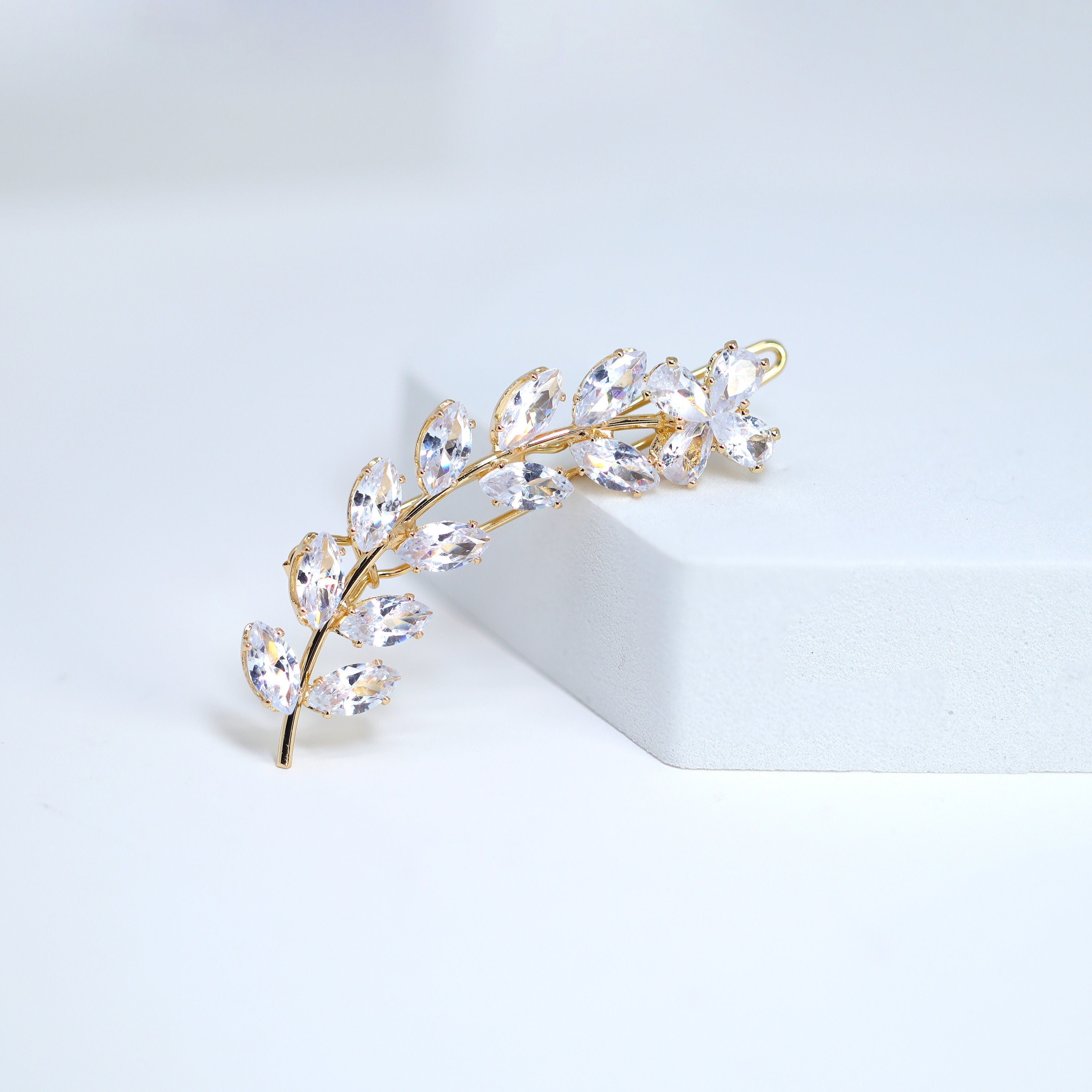 Dainty Flower On Leaves Vine CZ Hair Clip, Bridal Hair Accessories, Bridesmaid Gift, Wedding Hair Accessory, Bridal Peach Hair Clip