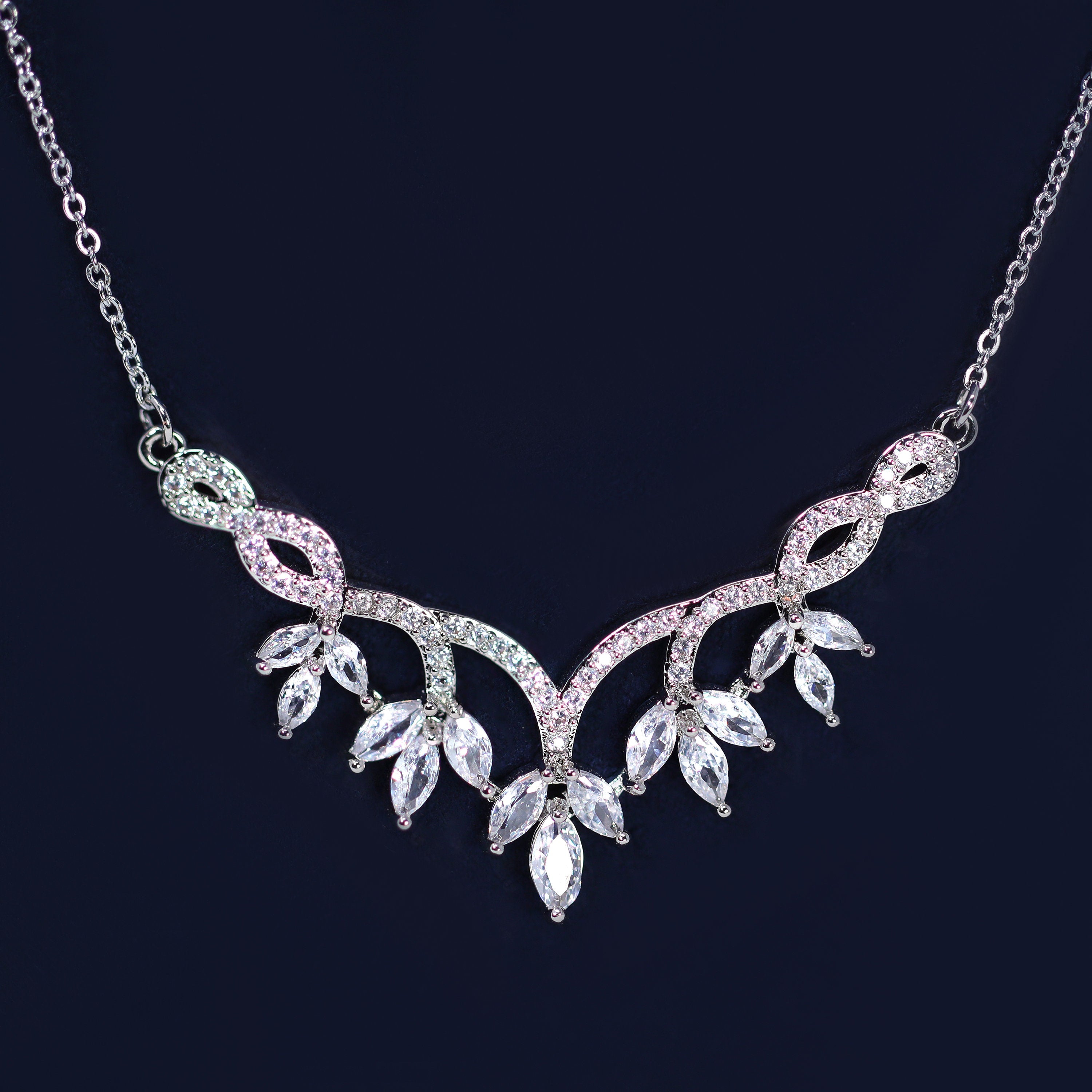 Dainty Dancing Leaves Drop V Necklace Set, Long Bridal Jewelry, Bridal Earrings And Necklace, Statement Earrings Cz Necklace Set.