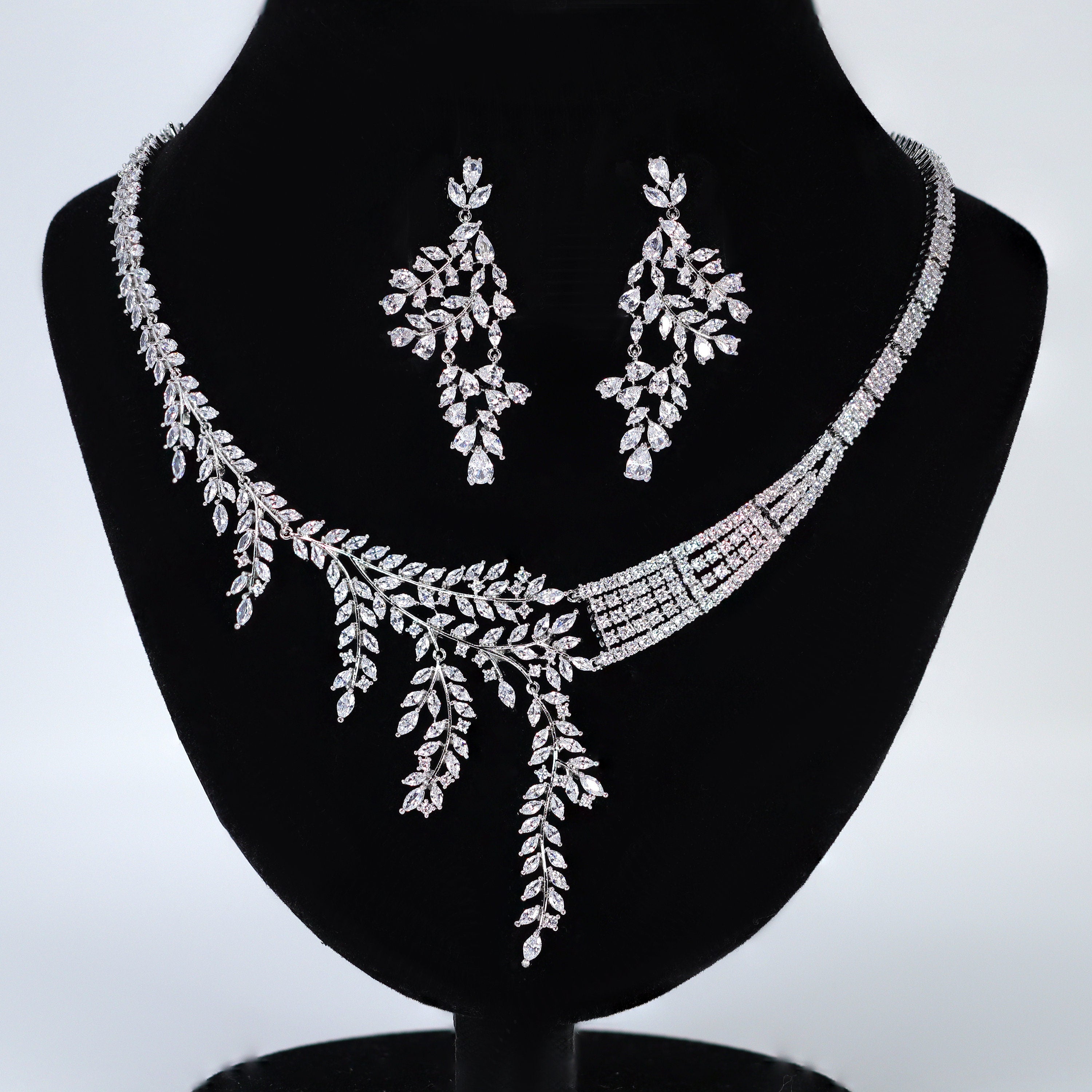 Diamond/ Swarovski Crystal Bunch Of Fallen Leaves asymmetrical Necklace Set , Long Bridal Jewelry, Crystal Earrings, Statement Earrings