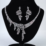 Diamond/ Swarovski Crystal Bunch Of Fallen Leaves asymmetrical Necklace Set , Long Bridal Jewelry, Crystal Earrings, Statement Earrings