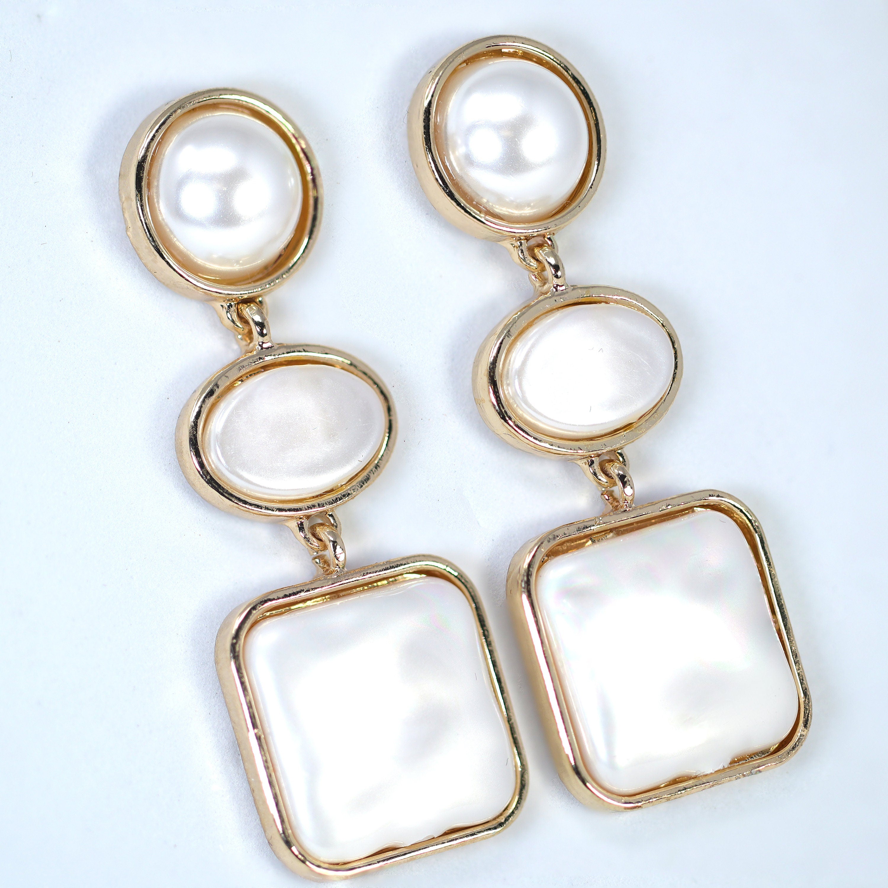 Gold White Faux Pearl Geometric Dangle Earring , Bridal Earring, Bridal Accessories, Pearl Wedding Earring.