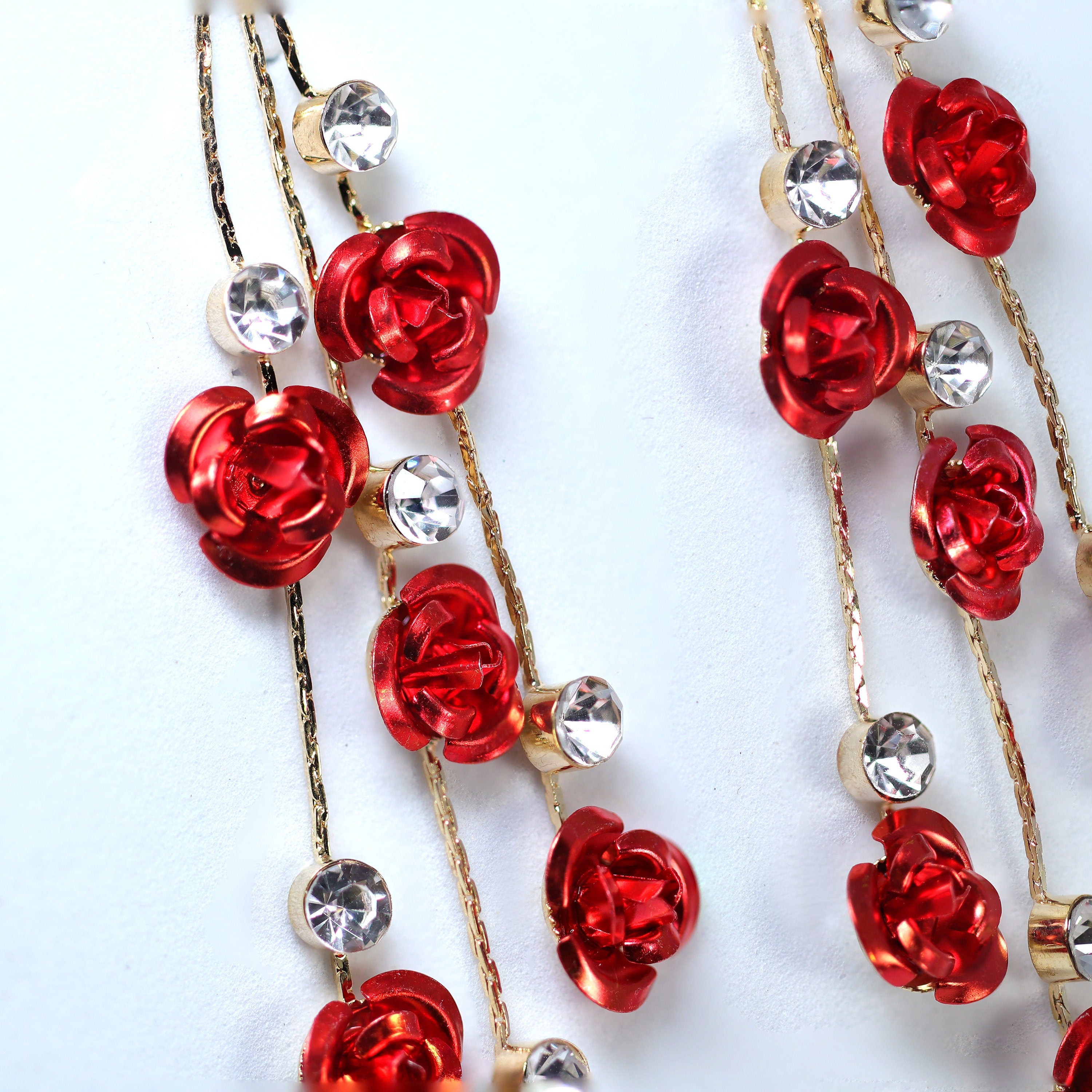 Red Rose Shower On Gold Vine Bridal Earring, Bridal Earrings, Rose Dangle earring, Bridesmaid Earring
