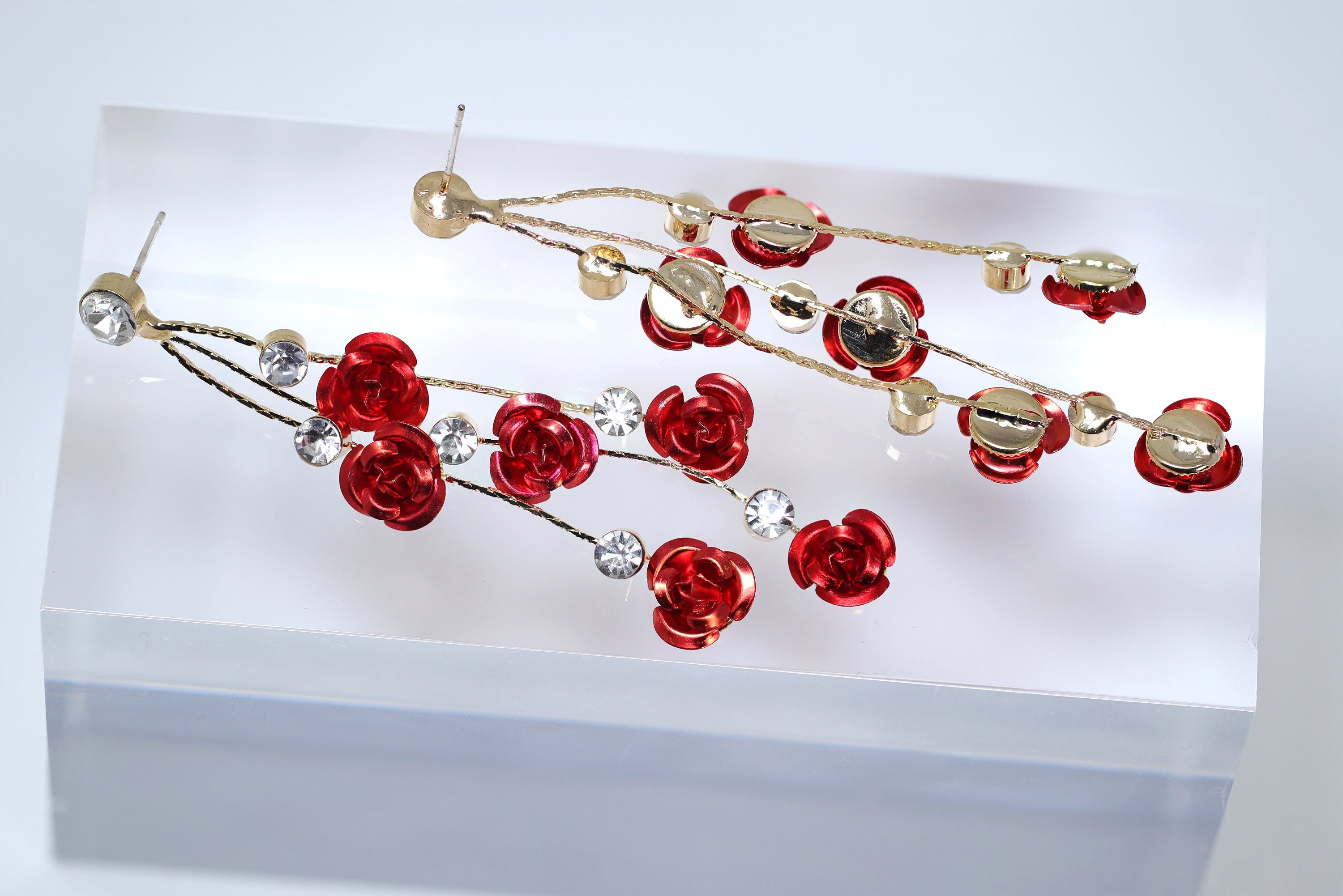 Red Rose Shower On Gold Vine Bridal Earring, Bridal Earrings, Rose Dangle earring, Bridesmaid Earring
