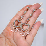 Golden Heart Drop Rhinestone Crystal tassel Earrings, Long Tassel Earrings, Valentine Statement earrings.