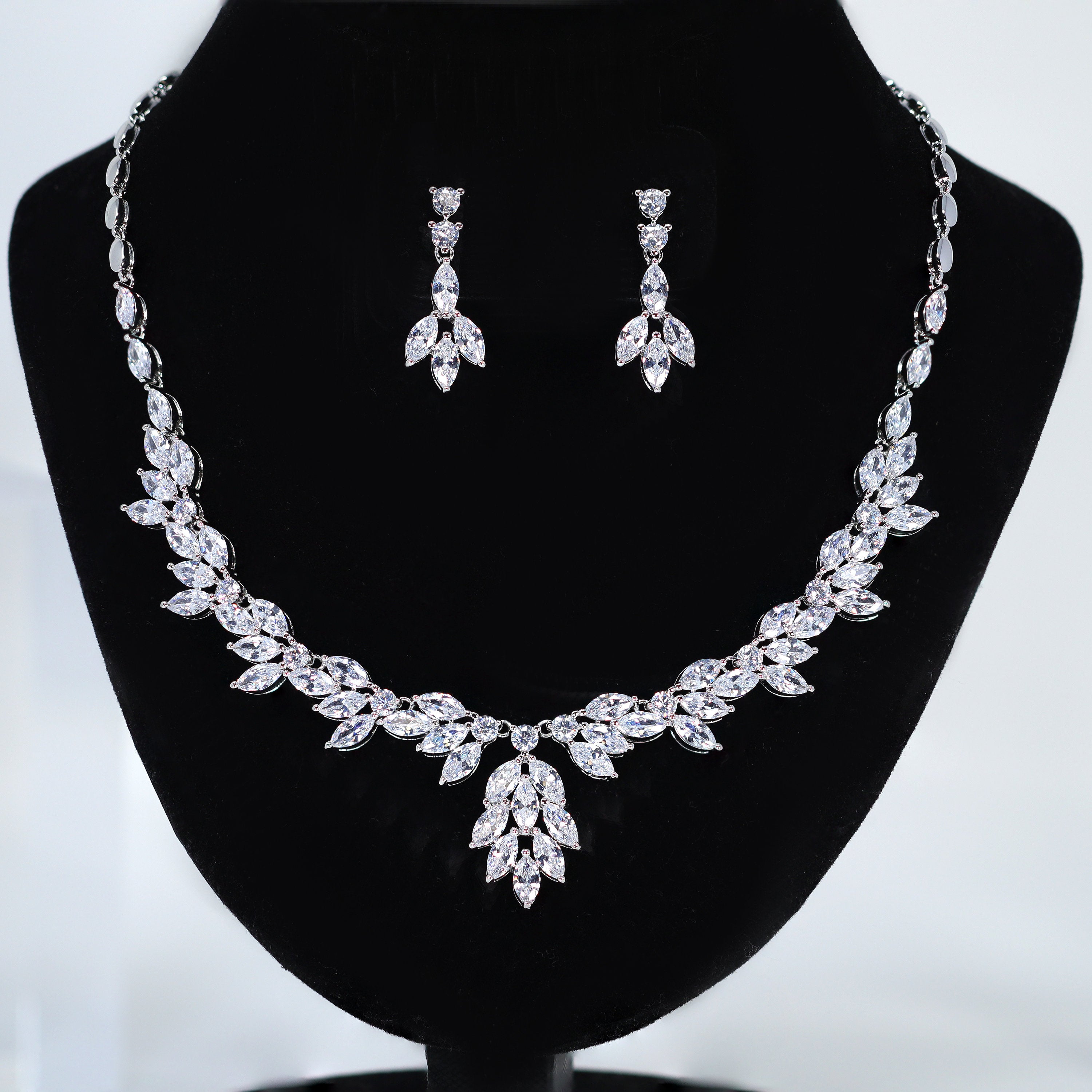 Swarovski Crystal Gleaming Leaflet Bridal Ensemble Diamond/Crystal Necklace, Bridal Necklace Set, Bridal Jewelry, Statement Necklace