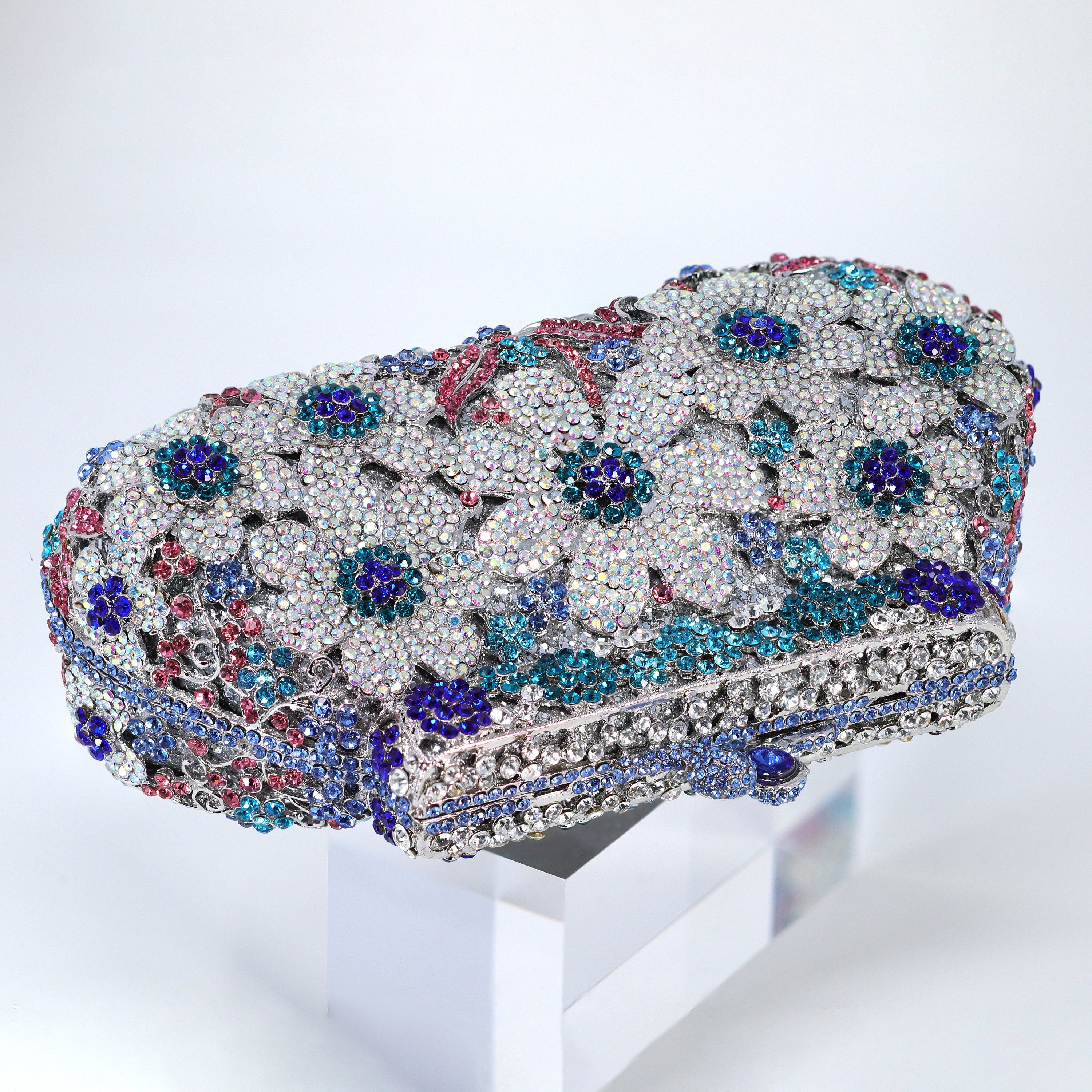 Silver Blue in Blues Floral Leaves Rhinestone Embellished Small Wedding Clutch, Statement Bag, Evening Wedding Clutch, Cross Body Bag