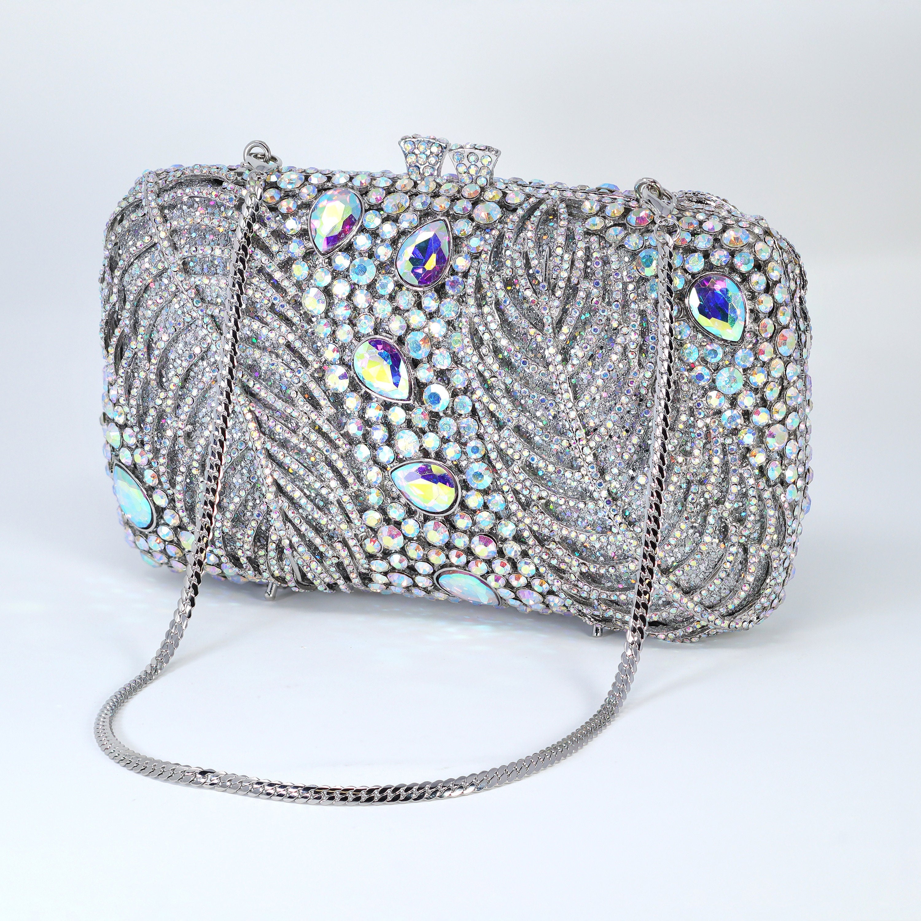Silver Blue AB Crystal Embellished Falling Feathers Wedding Clutch, Statement Bag, Evening Wedding Clutch, Cross Body Bag