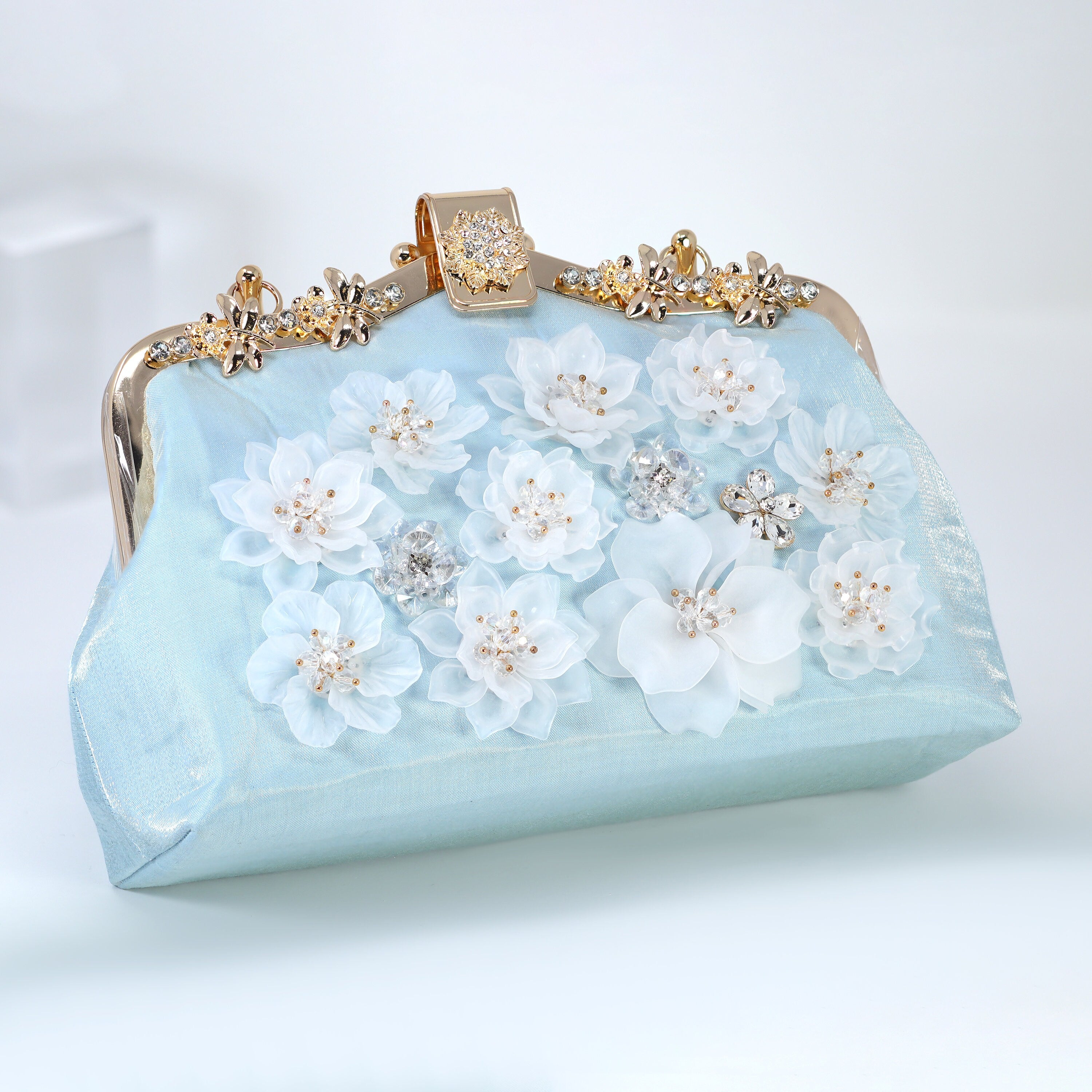 White Floral Shimmering Gold Embroidered Fabric Something Blue Bridal Wedding Bag, Rhinestone Statement Bag, Evening Clutch, Cross Body Bag