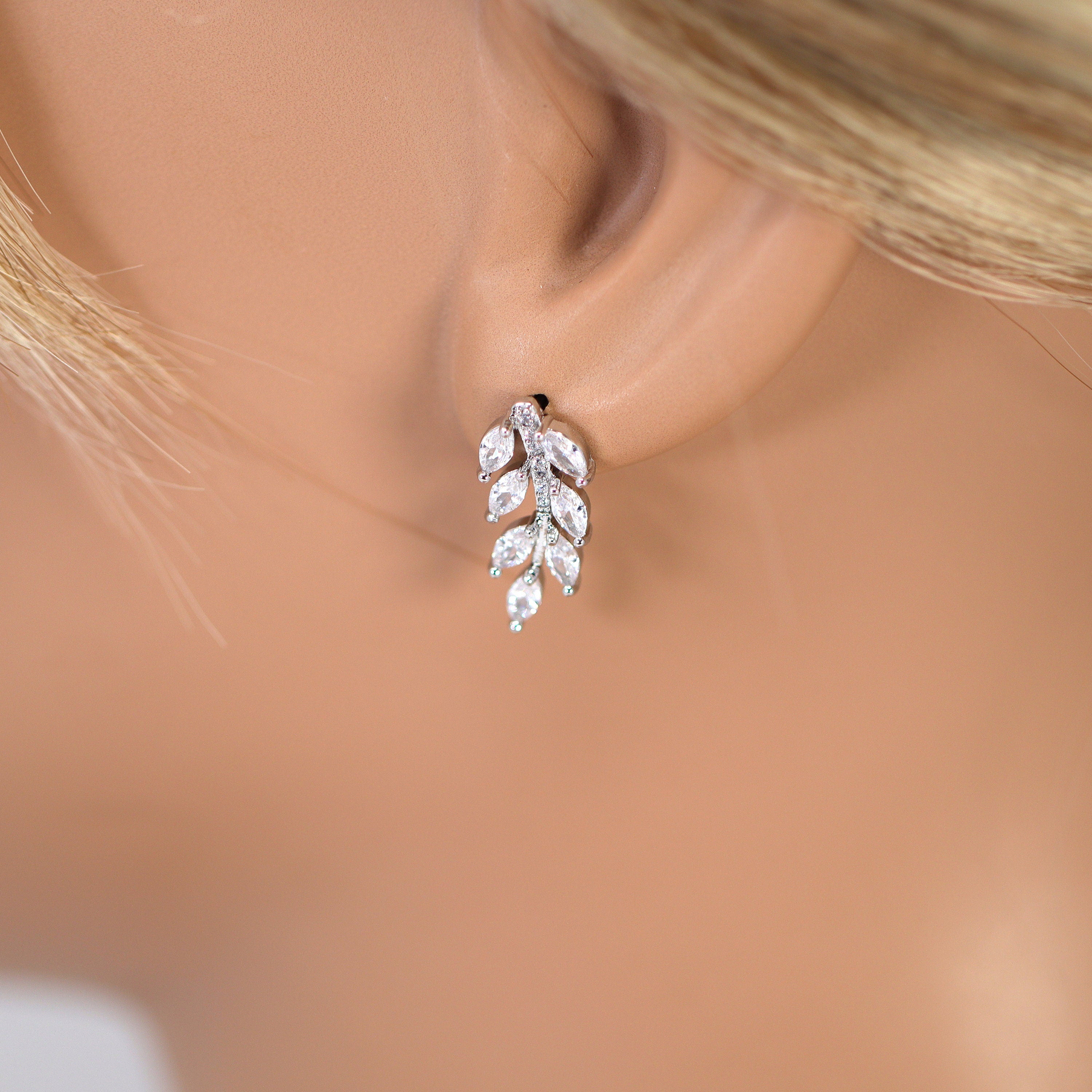 Dainty Forest Leaves Wisper Drop V Necklace Set, Long Bridal Jewelry, Bridal Earrings And Necklace, Statement Earrings Cz Necklace Set.