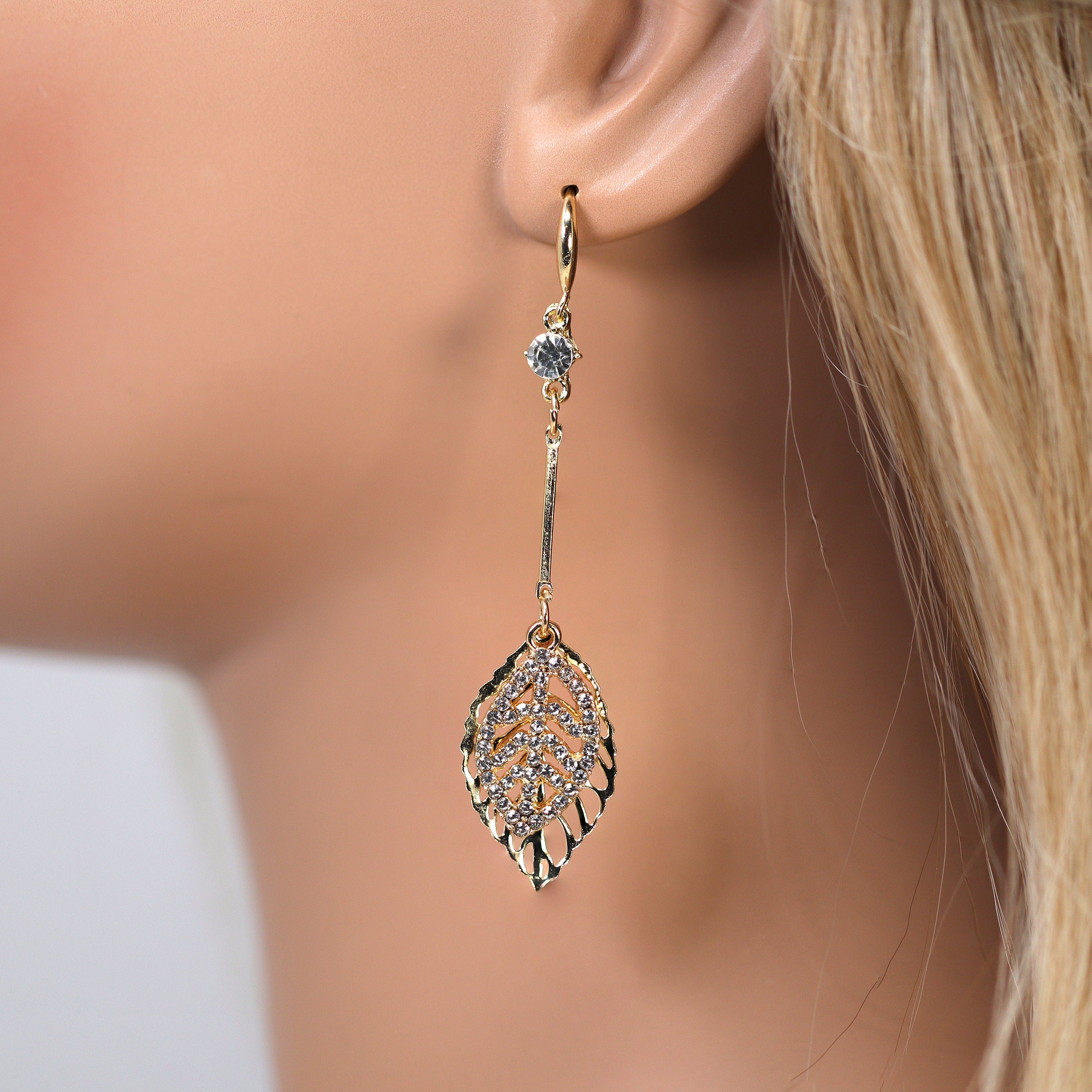 Gold Leaf Drop Earrings, Long Bridal Jewelry, Bridal Earrings, Crystal Bridal Earrings, Statement Leaves Earrings Cz
