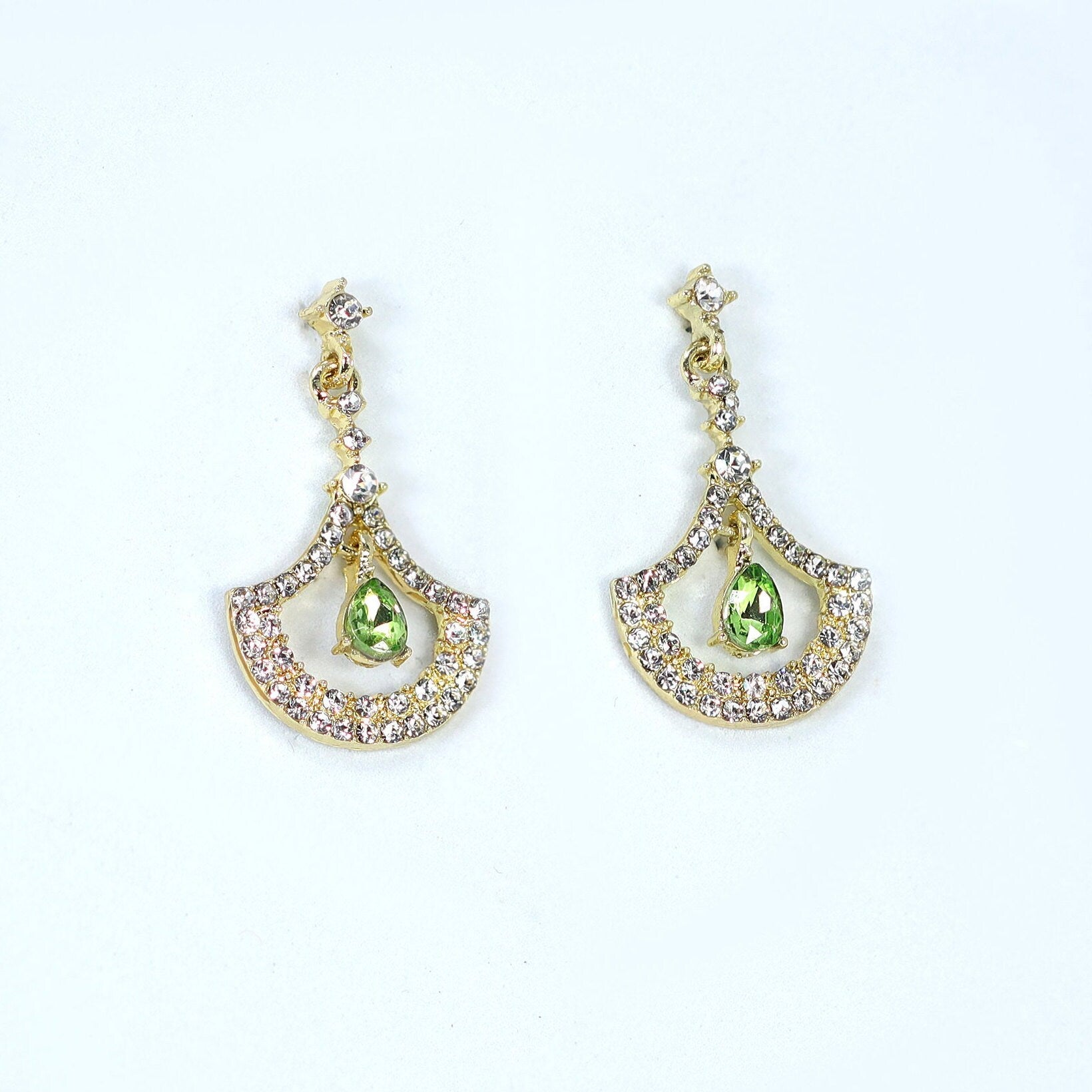 Rhinestone Fan Shape Green Drop Earrings, Bridal Jewelry Bridal Earrings Crystal Bridal Earrings Statement earrings