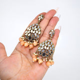 Chandelier Mirror Statement Earrings And Headpiece Set, Mirror Earrings, Indian Long Bridal Jewelry, Pearl Bridal Earrings