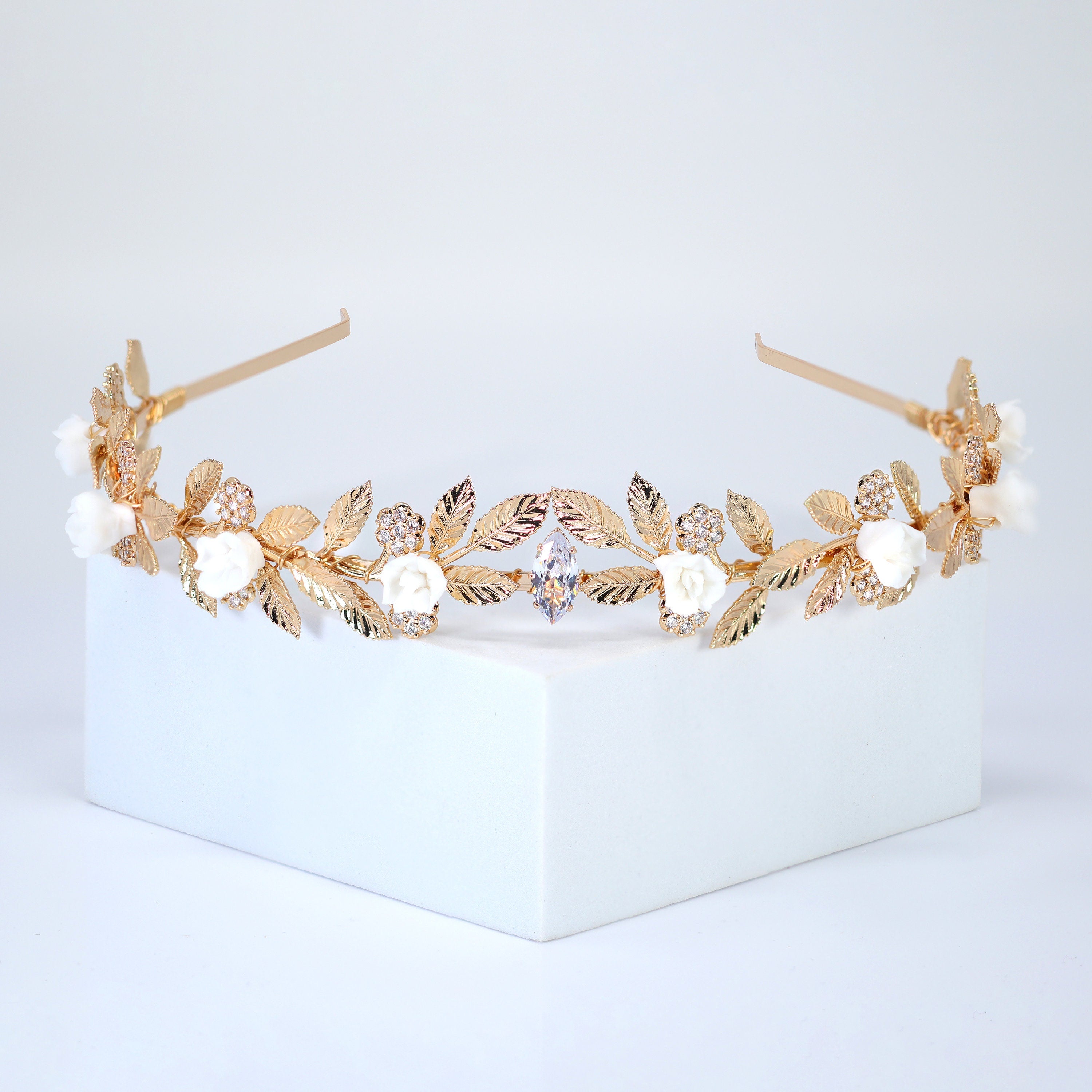 Swarovski Crystal And Porcelain White Flower Starlit Rose Garden Vine Leaves Queen Tiara/Headband , Bridal Crown, Wedding Tiara.