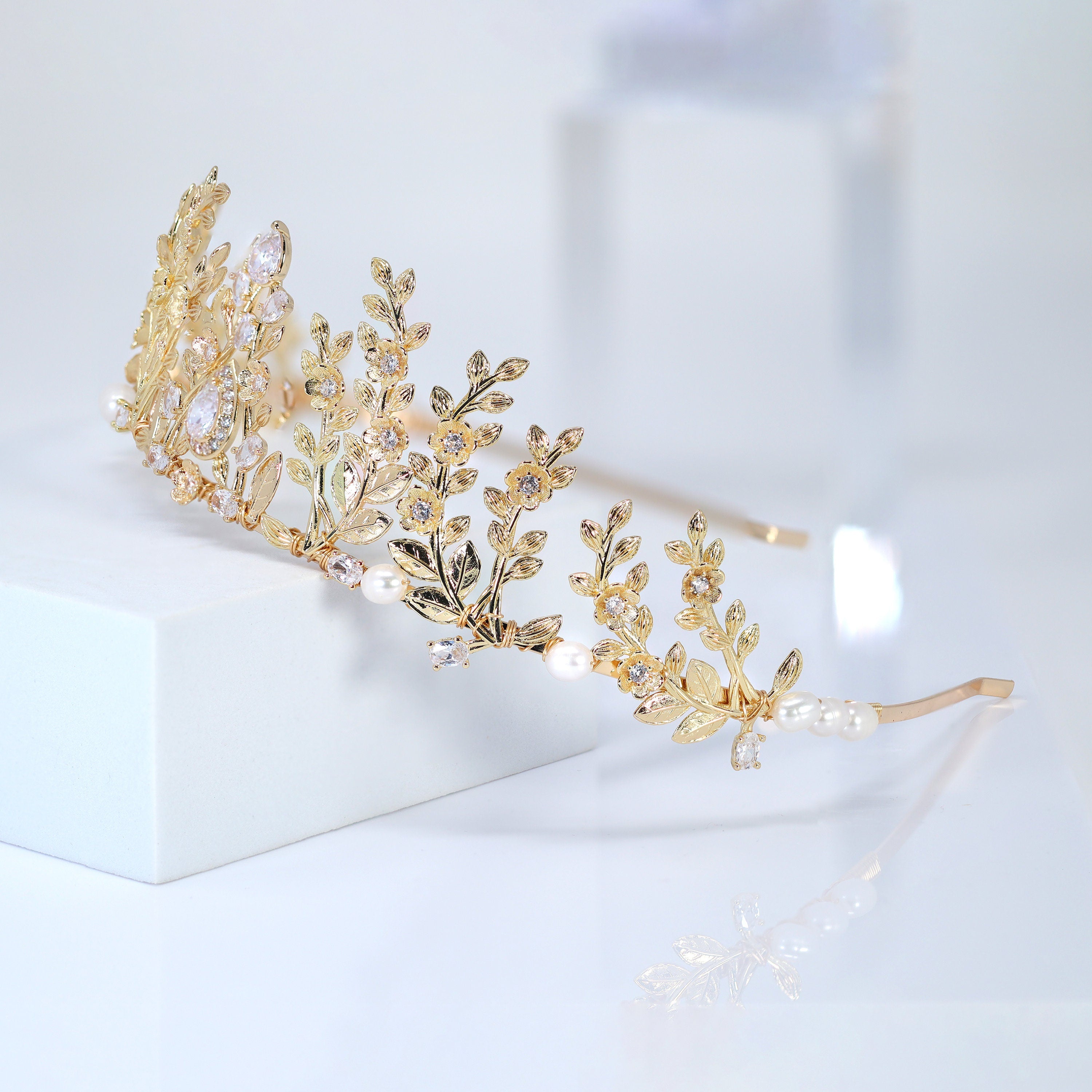 Swarovski Crystal, Natural Pearl And Flower Of Eternal Elegance In Heavenly Gold Garden Queen Tiara Bride Crown , Bridal Wedding Crown