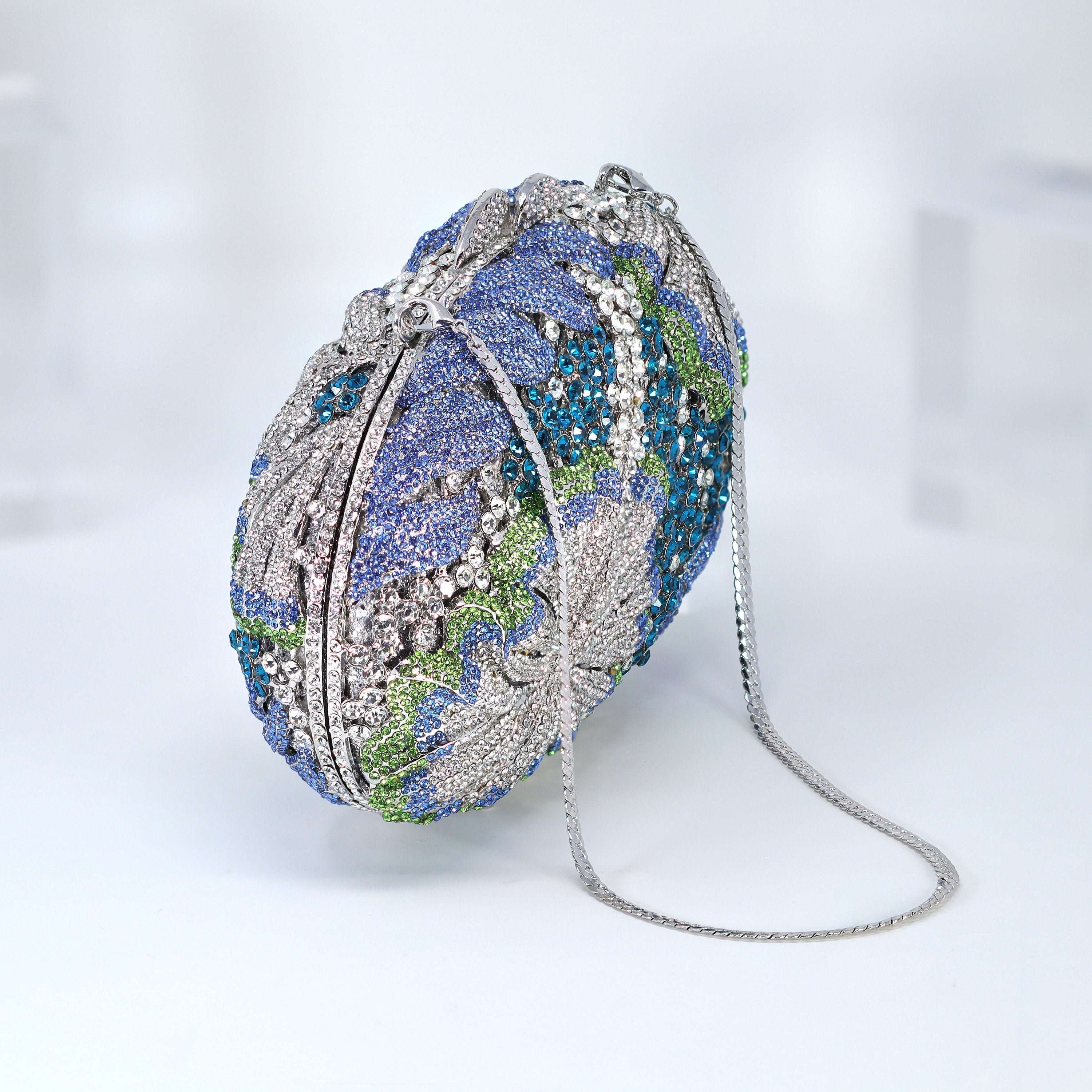Silver Blue Lilly Of Green Heavenly Garden : Rhinestone Embellished Wedding Clutch, Statement Bag, Evening Wedding Clutch, Cross Body Bag