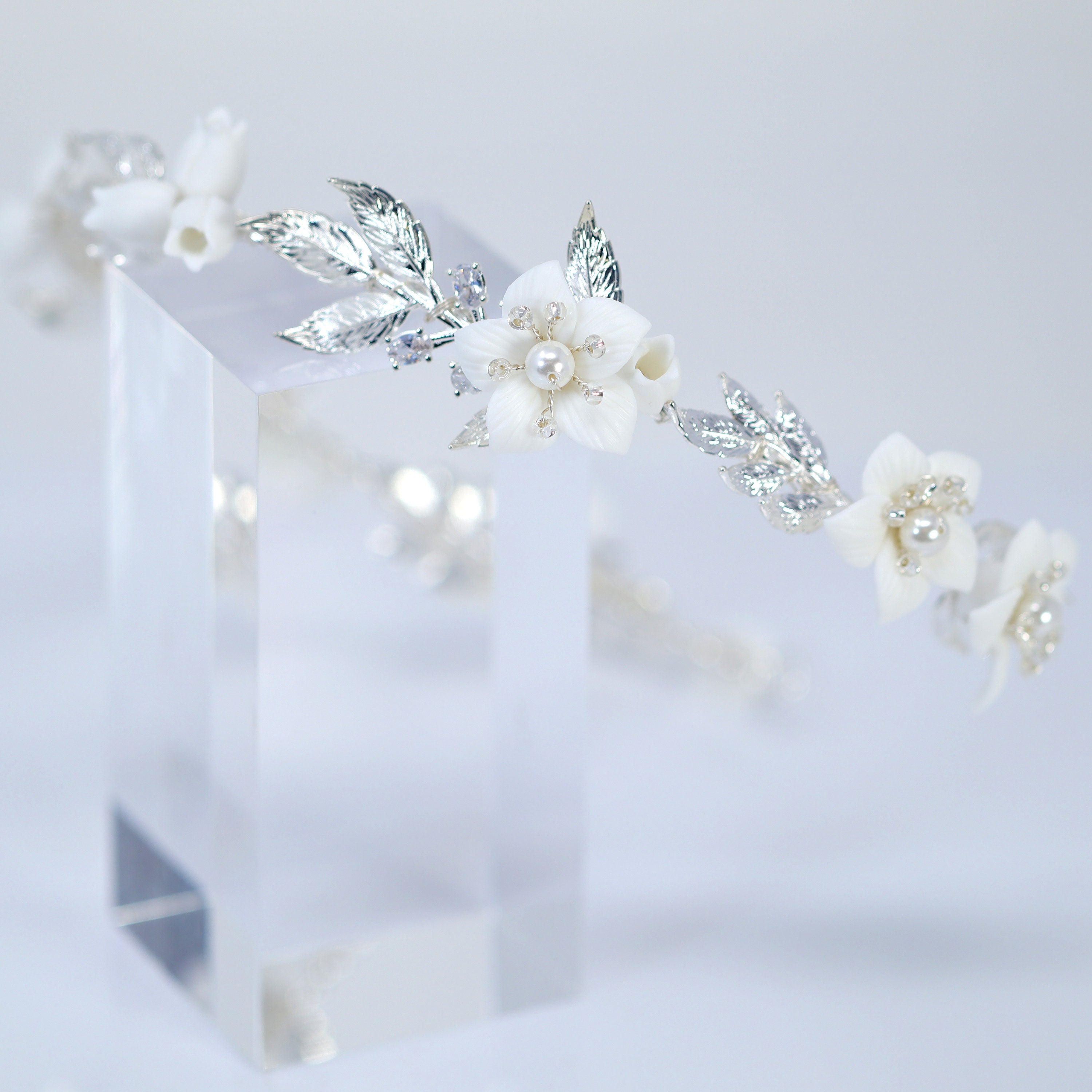 Swarovski Crystals, Pearls White Floral Vine Leaves Wedding Headband, Bridal Rhinestone Head Vine, Statement hair accessories.