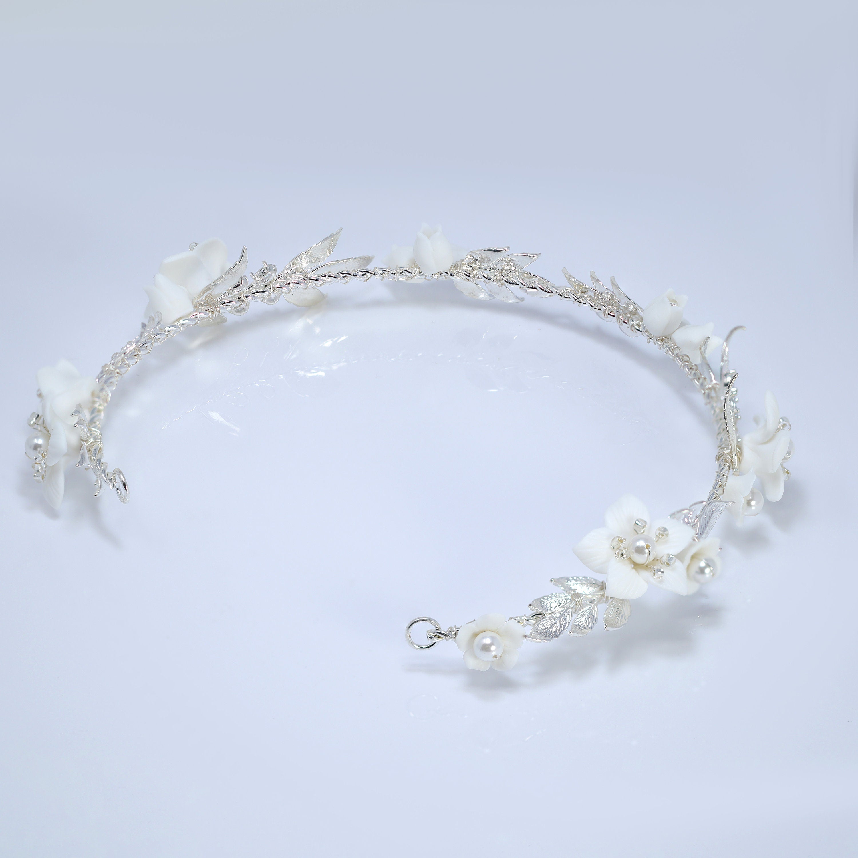 Swarovski Crystals, Pearls White Floral Vine Leaves Wedding Headband, Bridal Rhinestone Head Vine, Statement hair accessories.
