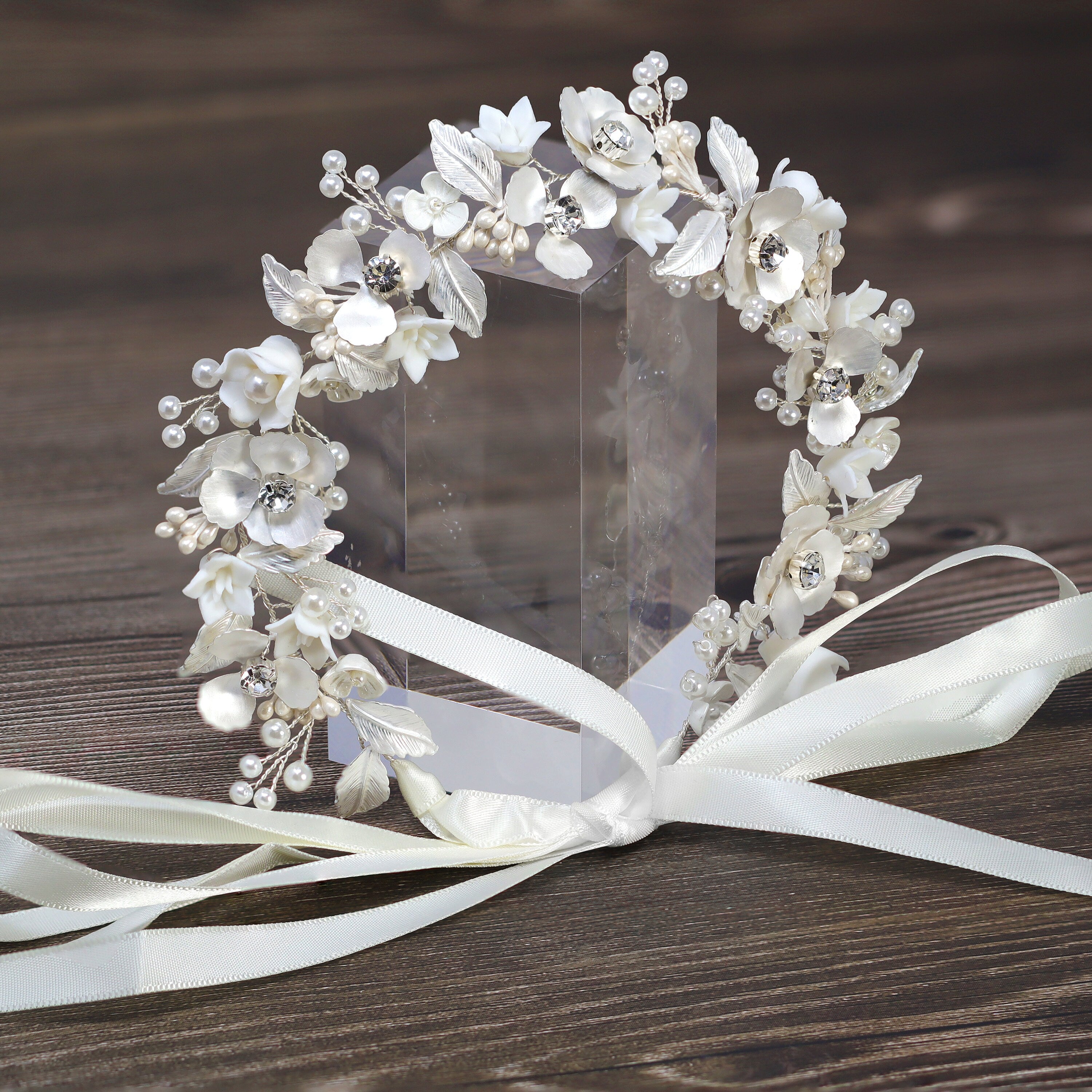 Swarovski Crystal Faux Pearls White Floral Vine Leaves Cascade Wedding Headband, Bridal Rhinestone Hair Vine, Statement hair accessories.