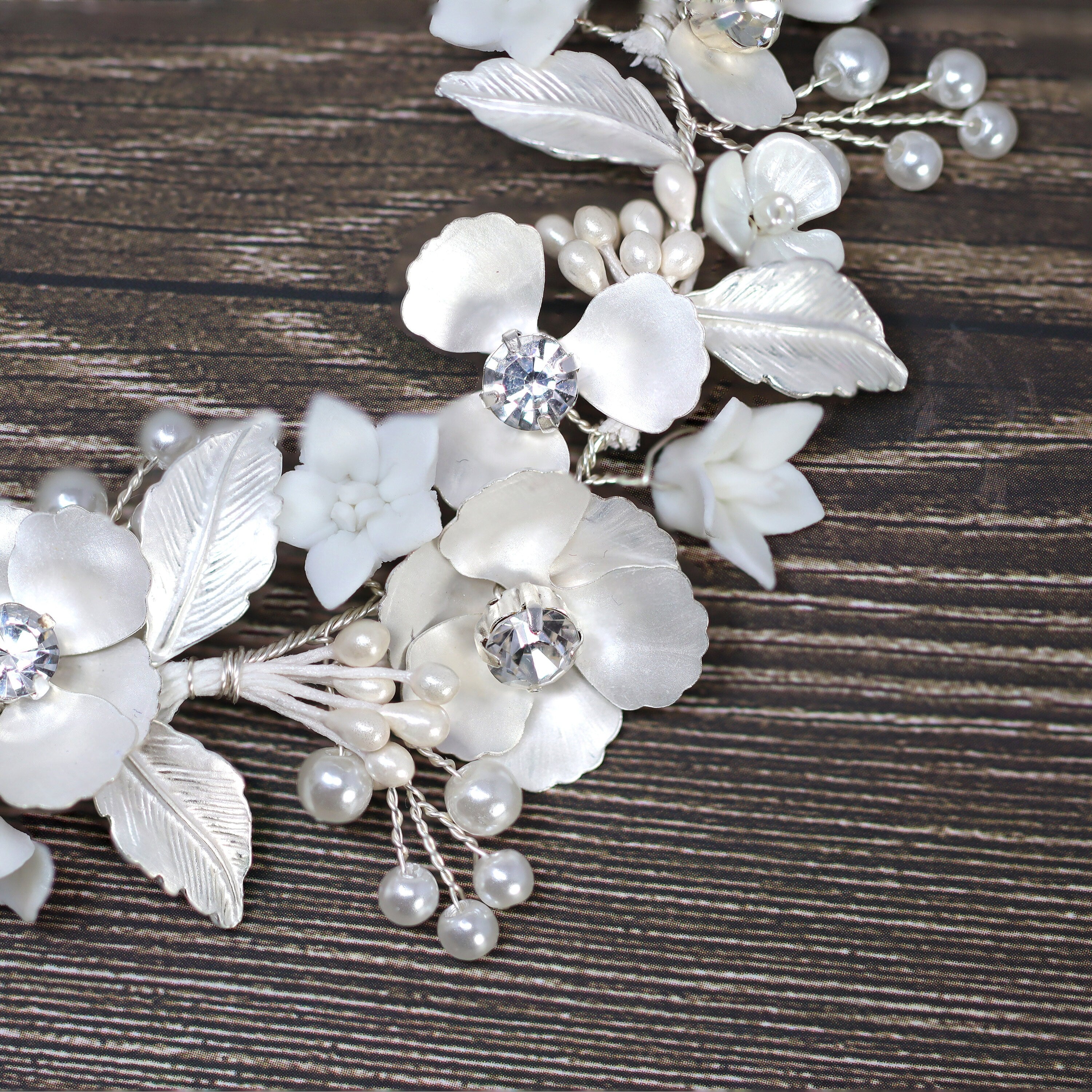 Swarovski Crystal Faux Pearls White Floral Vine Leaves Cascade Wedding Headband, Bridal Rhinestone Hair Vine, Statement hair accessories.