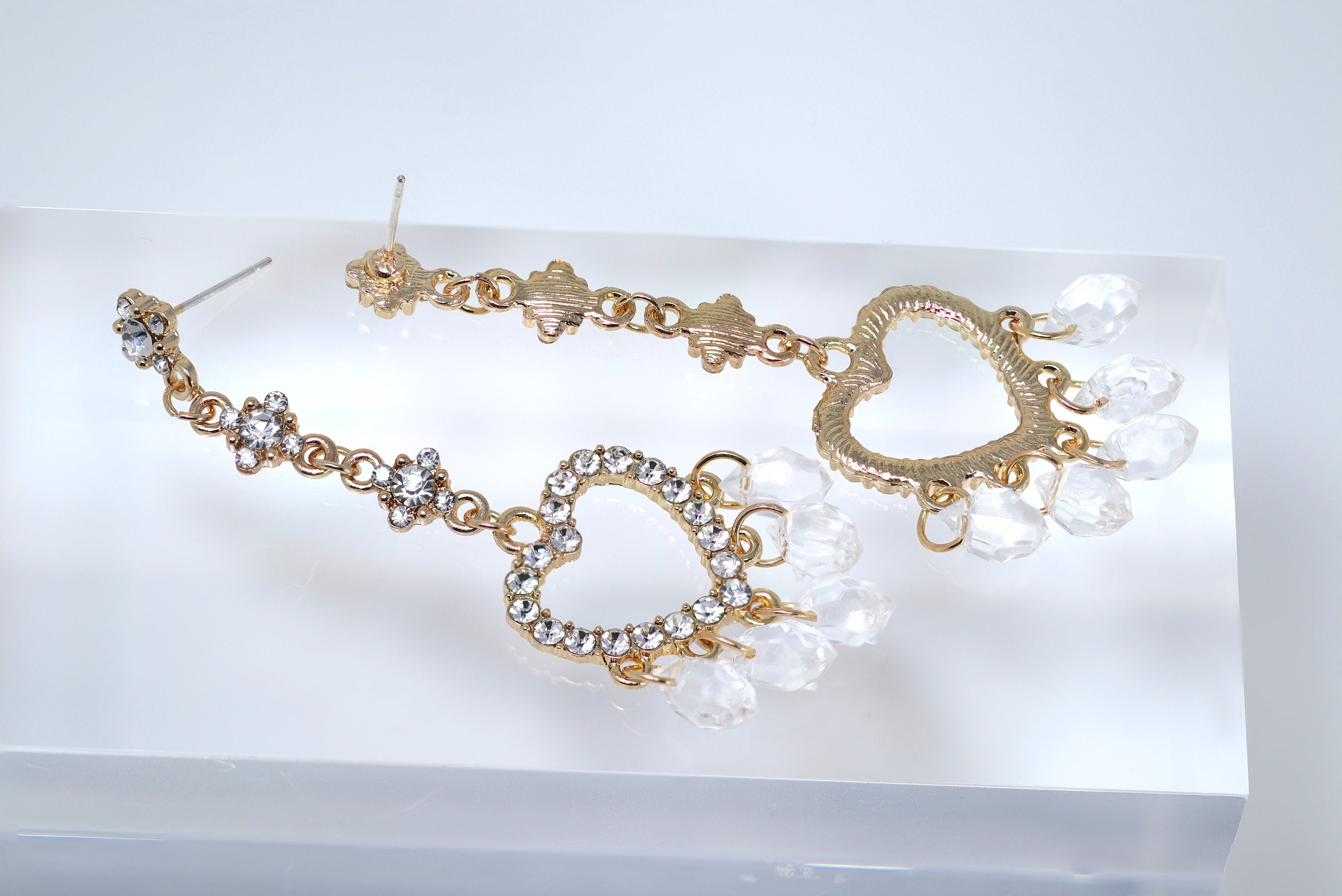 Golden Heart Drop Rhinestone Crystal tassel Earrings, Long Tassel Earrings, Valentine Statement earrings.