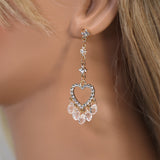 Golden Heart Drop Rhinestone Crystal tassel Earrings, Long Tassel Earrings, Valentine Statement earrings.