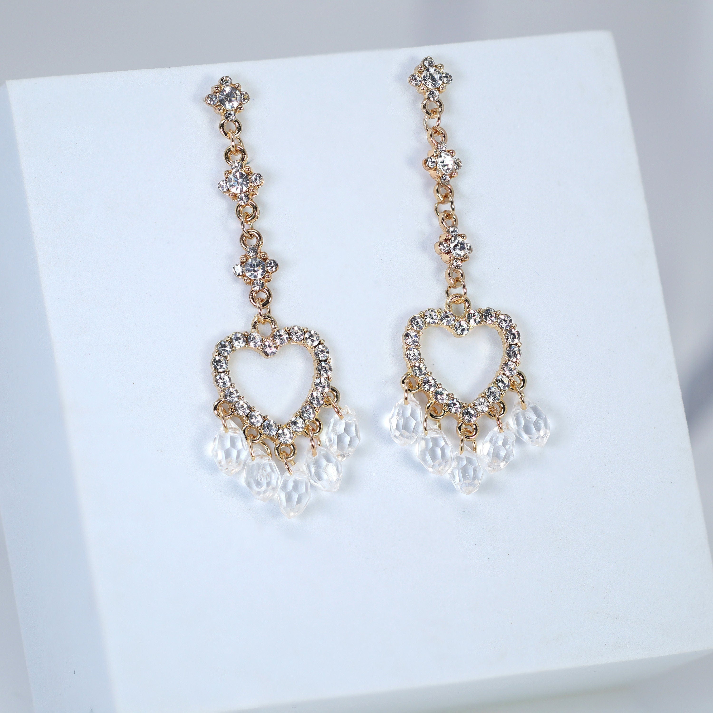 Golden Heart Drop Rhinestone Crystal tassel Earrings, Long Tassel Earrings, Valentine Statement earrings.
