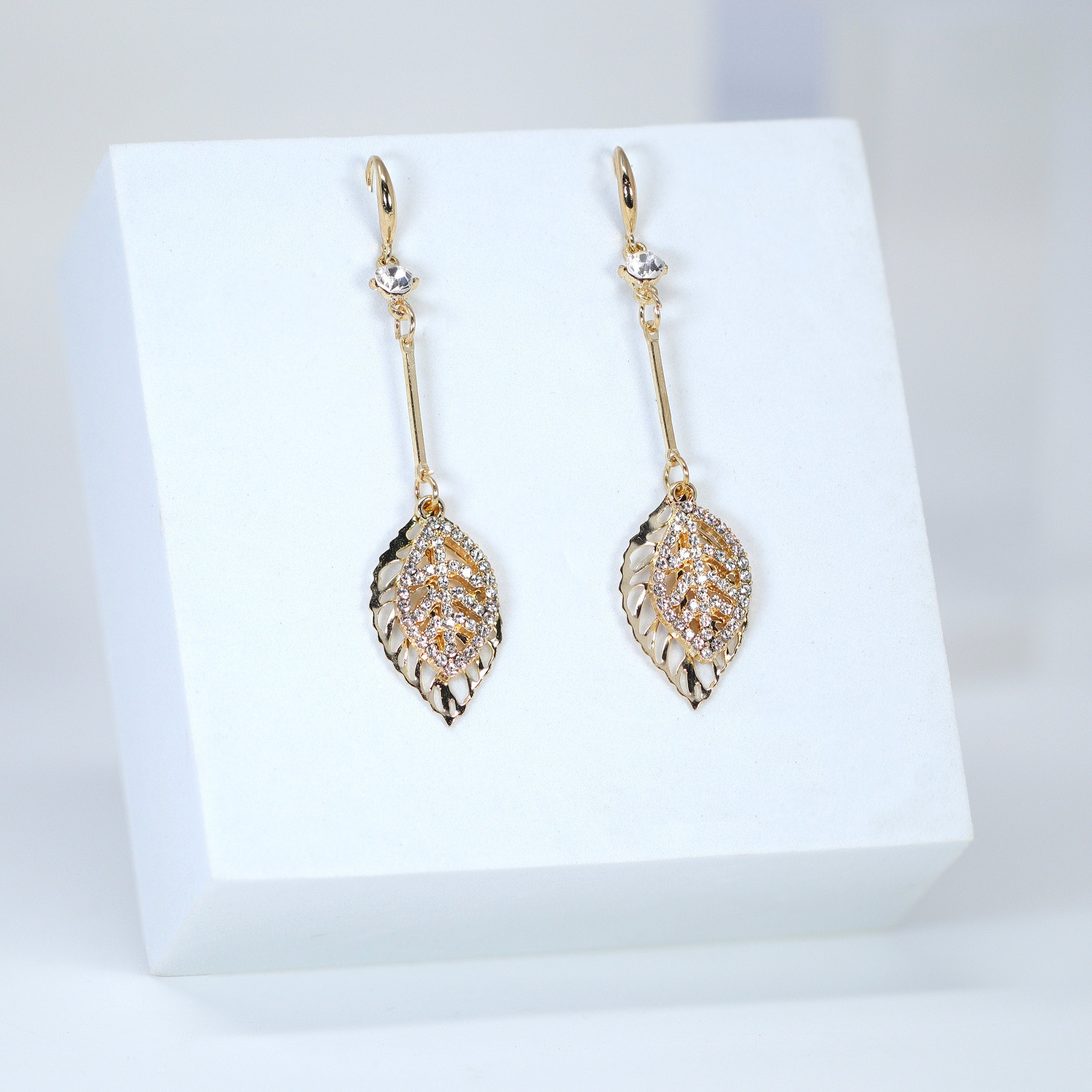 Gold Leaf Drop Earrings, Long Bridal Jewelry, Bridal Earrings, Crystal Bridal Earrings, Statement Leaves Earrings Cz