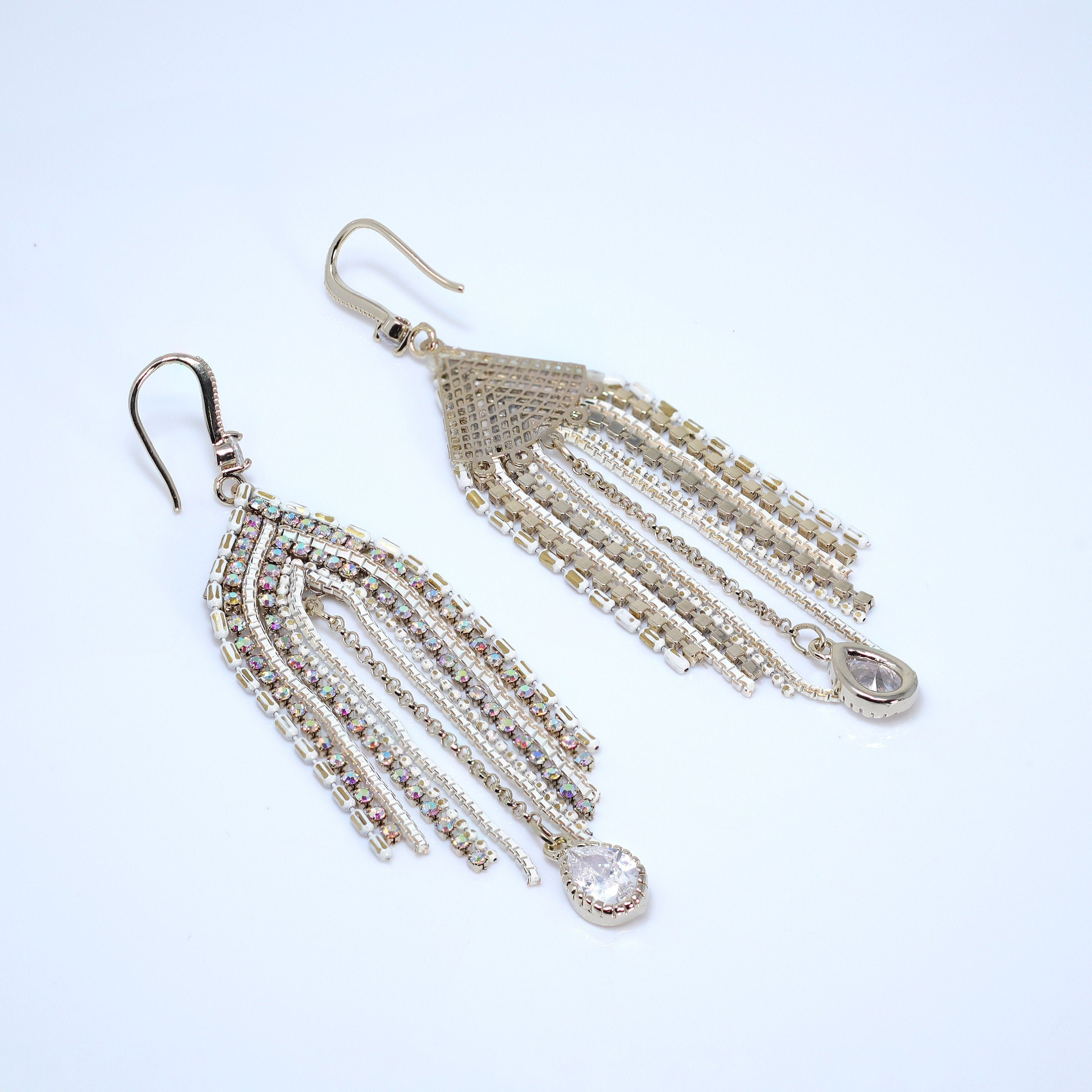 Elegant Waterfalls - Gold Swarovski AB Crystal Ear wire Chandelier Drop Earrings, Long Tassel Bridal Jewelry, Crystal Statement Earring.