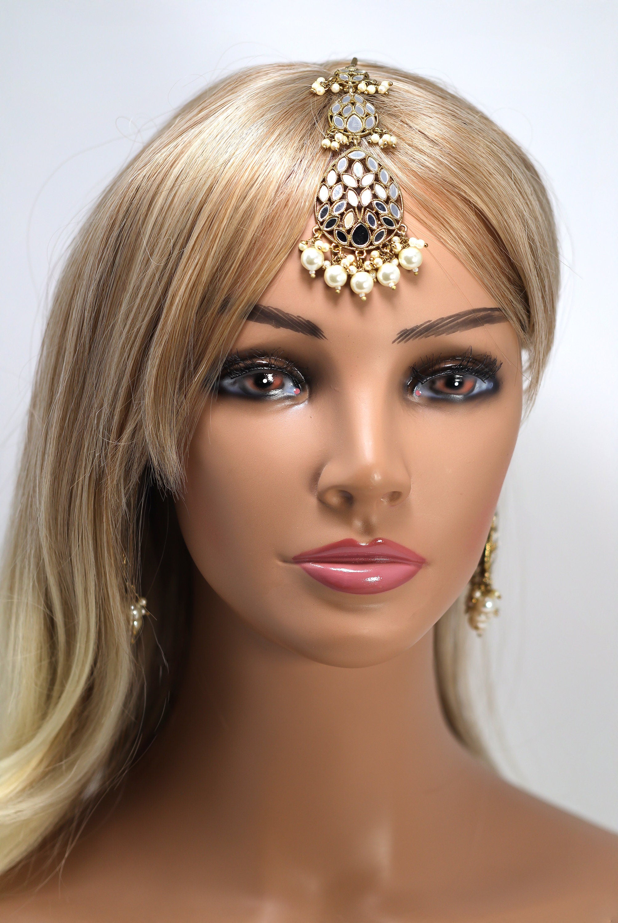 Chandelier Mirror Statement Earrings And Headpiece Set, Mirror Earrings, Indian Long Bridal Jewelry, Pearl Bridal Earrings