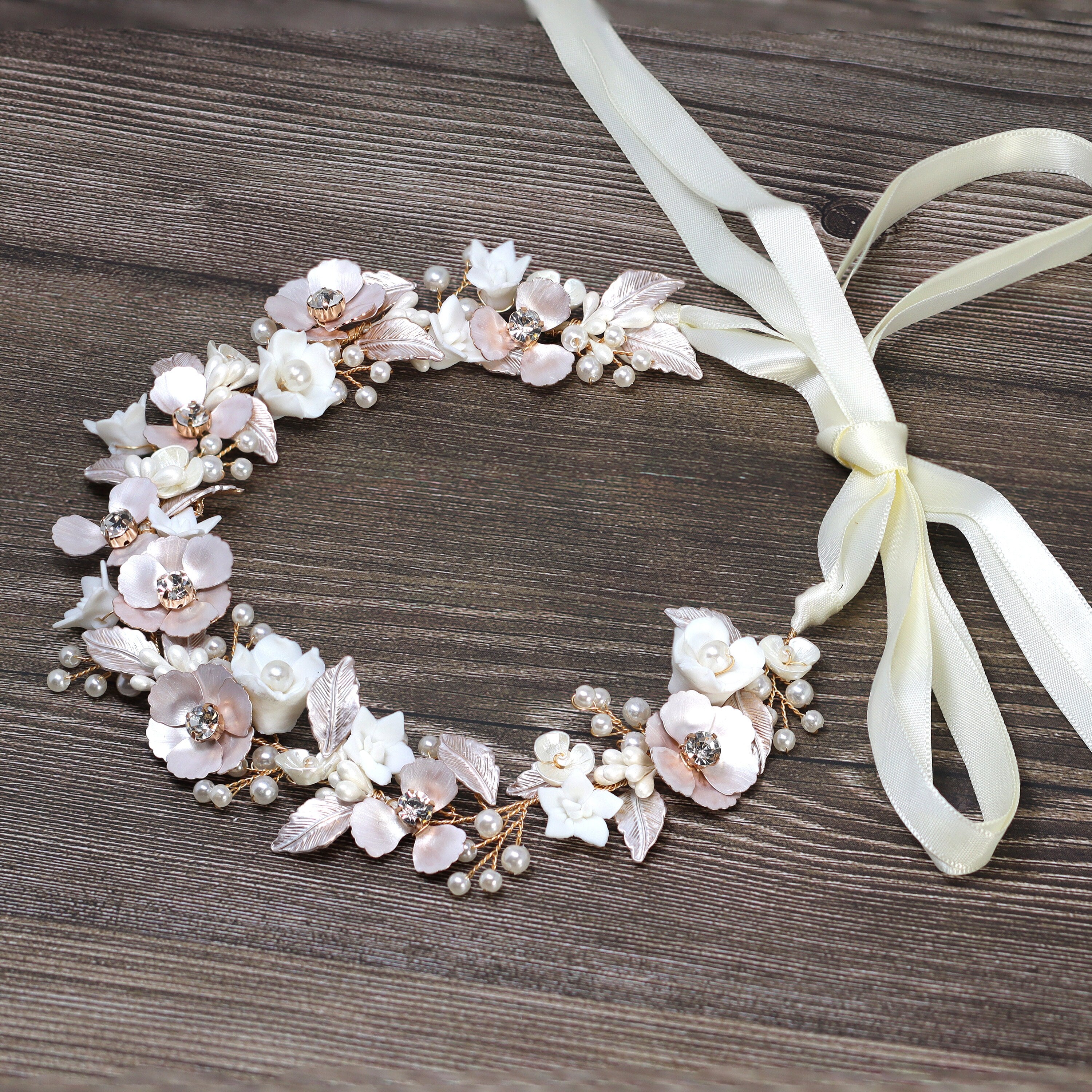 Swarovski Crystal Faux Pearls White Floral Vine Leaves Cascade Wedding Headband, Bridal Rhinestone Hair Vine, Statement hair accessories.