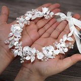 Swarovski Crystal Faux Pearls White Floral Vine Leaves Cascade Wedding Headband, Bridal Rhinestone Hair Vine, Statement hair accessories.