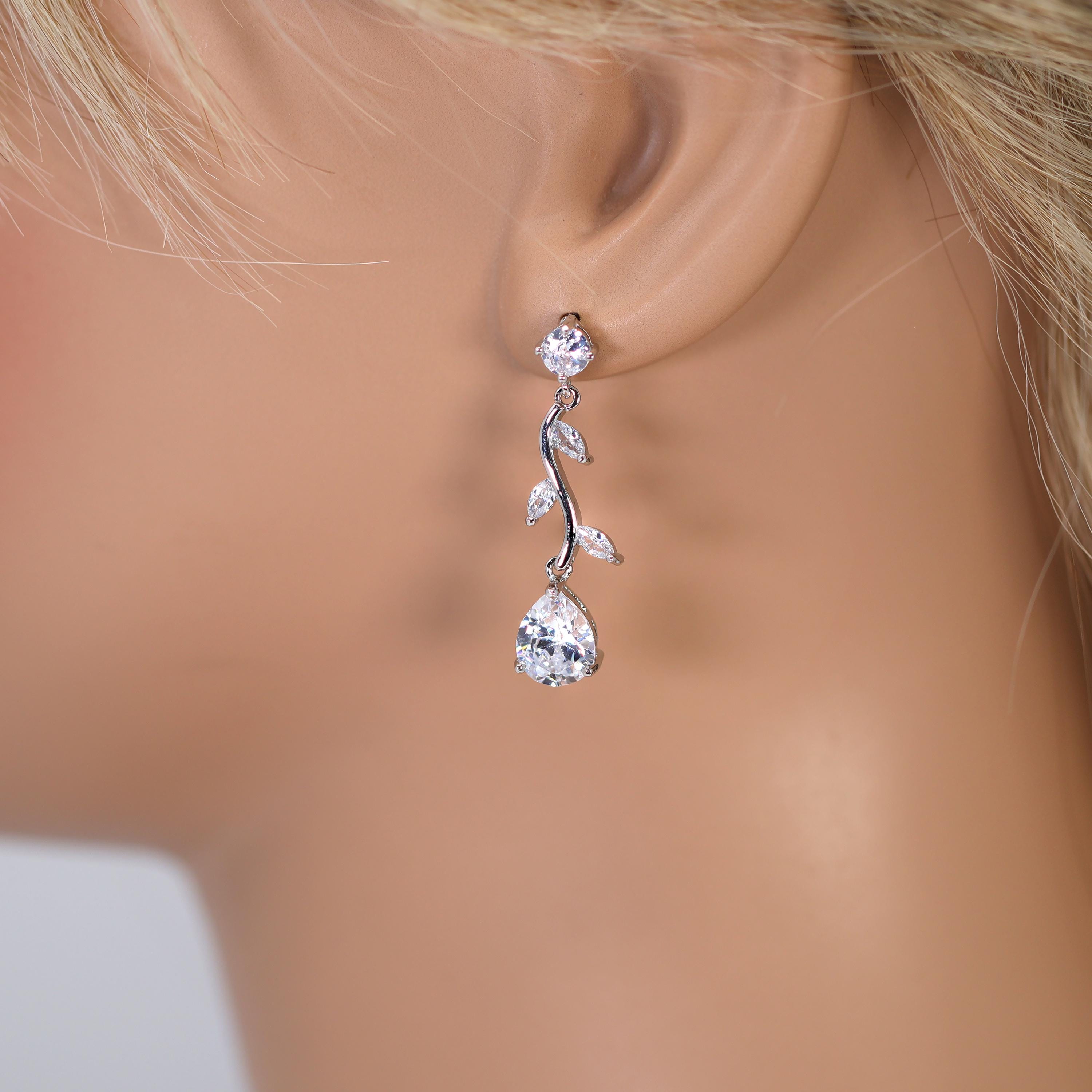 Swarovski Crystal Dainty Leaves Vine Center Of Attraction Necklace, Long Bridal Jewelry, Bridal Earrings Necklace, Statement Cz Set.