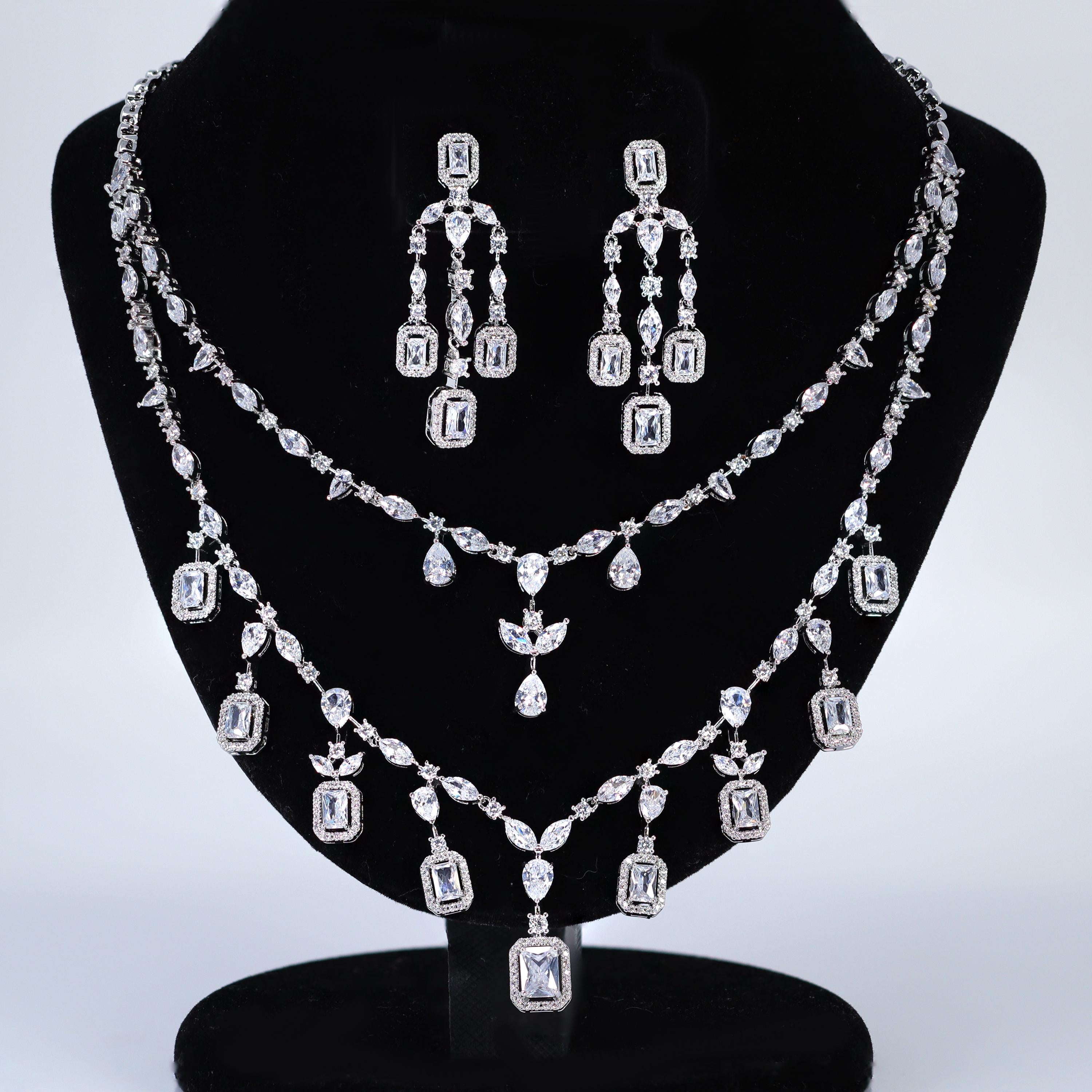 Swarovski Crystal Graceful Twin Strand Queen Diamond/Crystal Necklace Set, Bridal Necklace Set, Bridal Jewelry, Statement Necklace