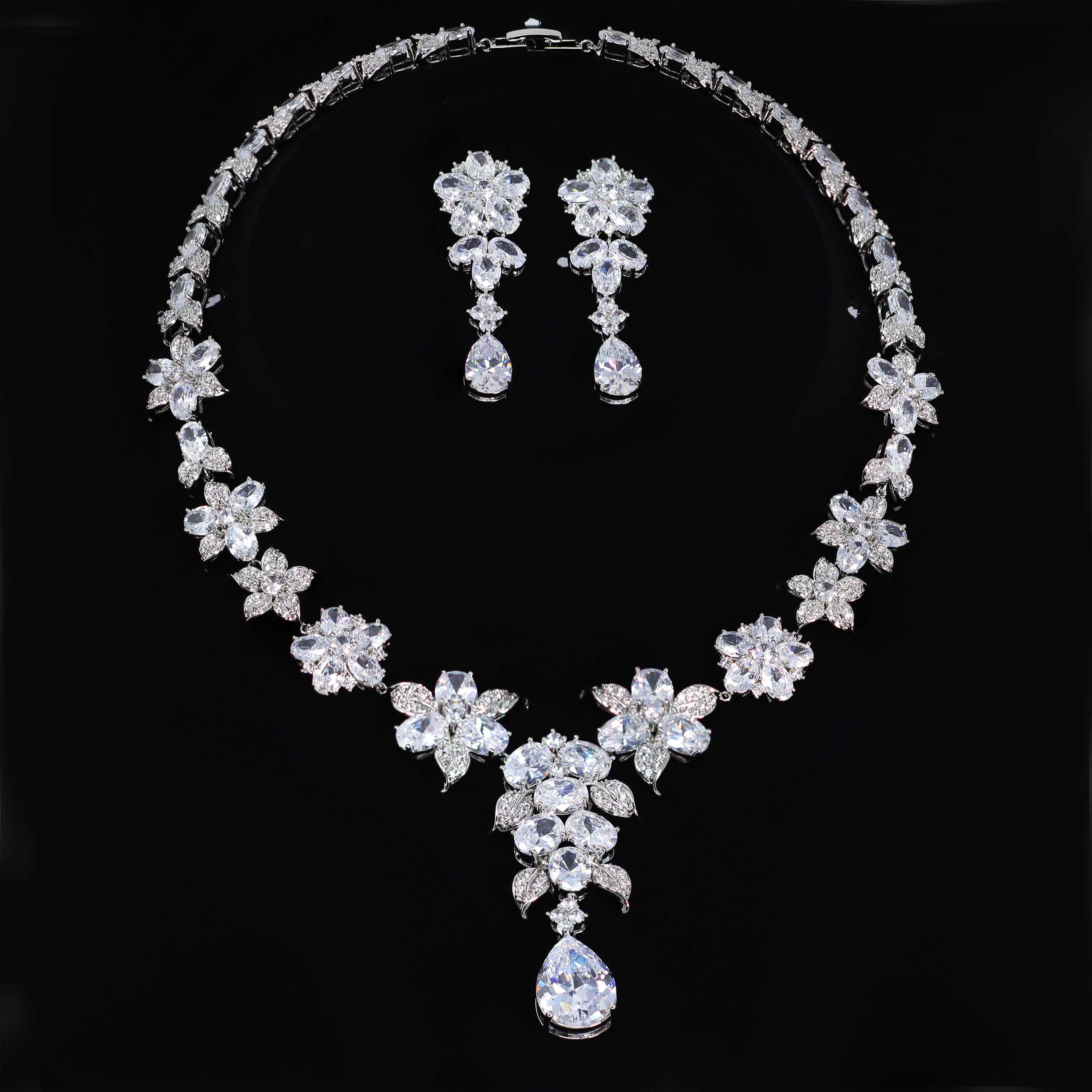 Swarovski Royal Floral Bouquet Necklace and Earrings Set , Bridal Jewelry Set, Bridal Earrings And Necklace, Statement Earrings CZ