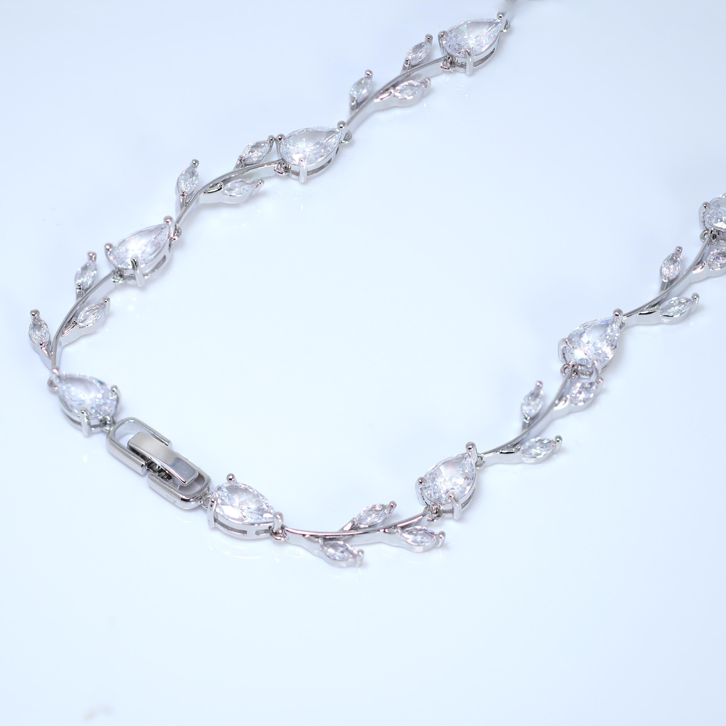Swarovski Crystal diamond Leafy Elegance Vine Leaves Necklace, Long Bridal Jewelry, Bridal Earrings, CZ Statement Set.