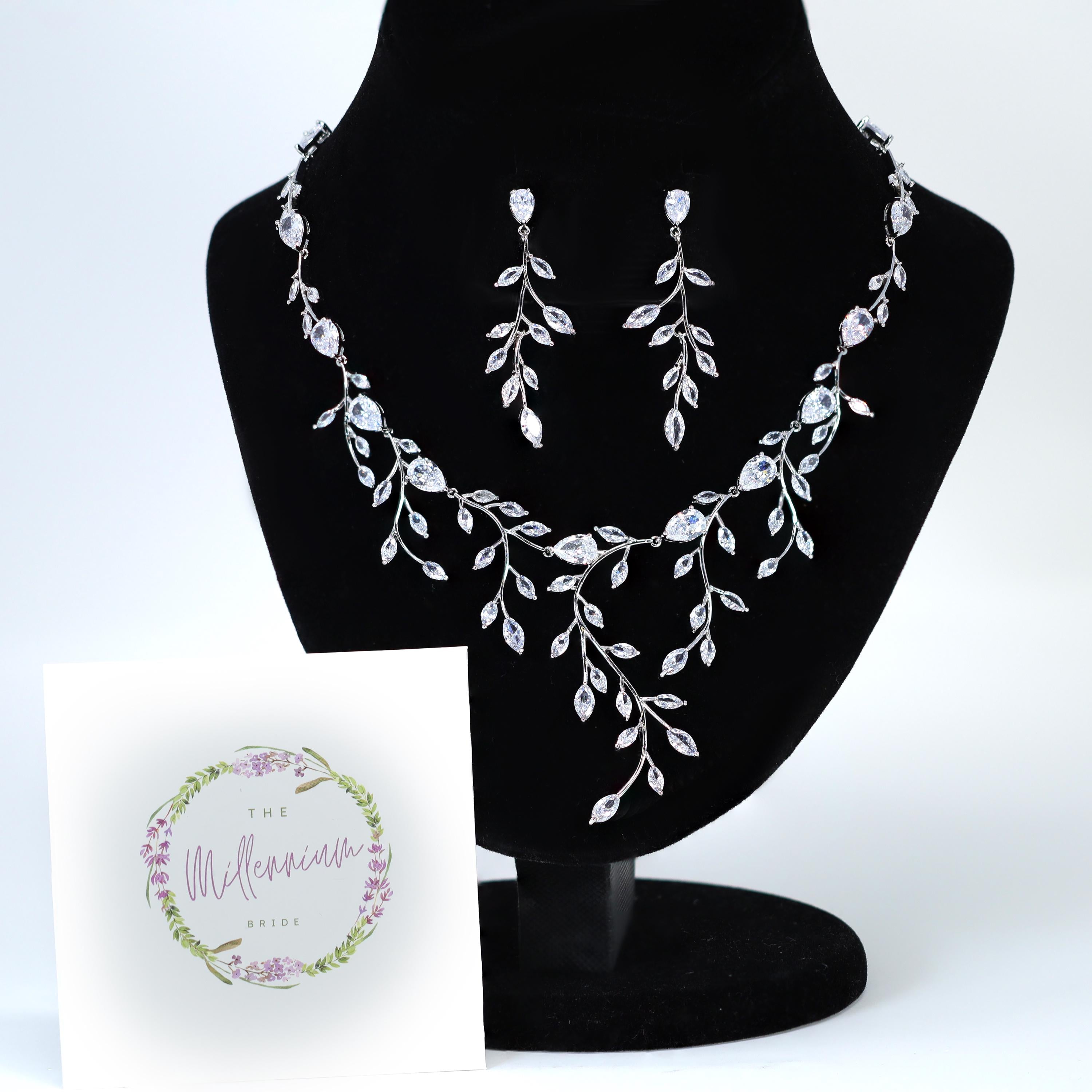 Swarovski Crystal diamond Leafy Elegance Vine Leaves Necklace, Long Bridal Jewelry, Bridal Earrings, CZ Statement Set.