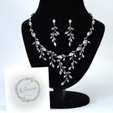 Swarovski Crystal diamond Leafy Elegance Vine Leaves Necklace, Long Bridal Jewelry, Bridal Earrings, CZ Statement Set.