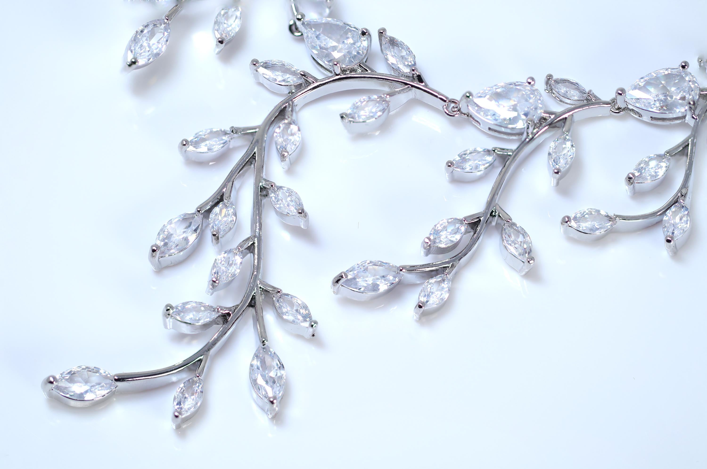 Swarovski Crystal diamond Leafy Elegance Vine Leaves Necklace, Long Bridal Jewelry, Bridal Earrings, CZ Statement Set.